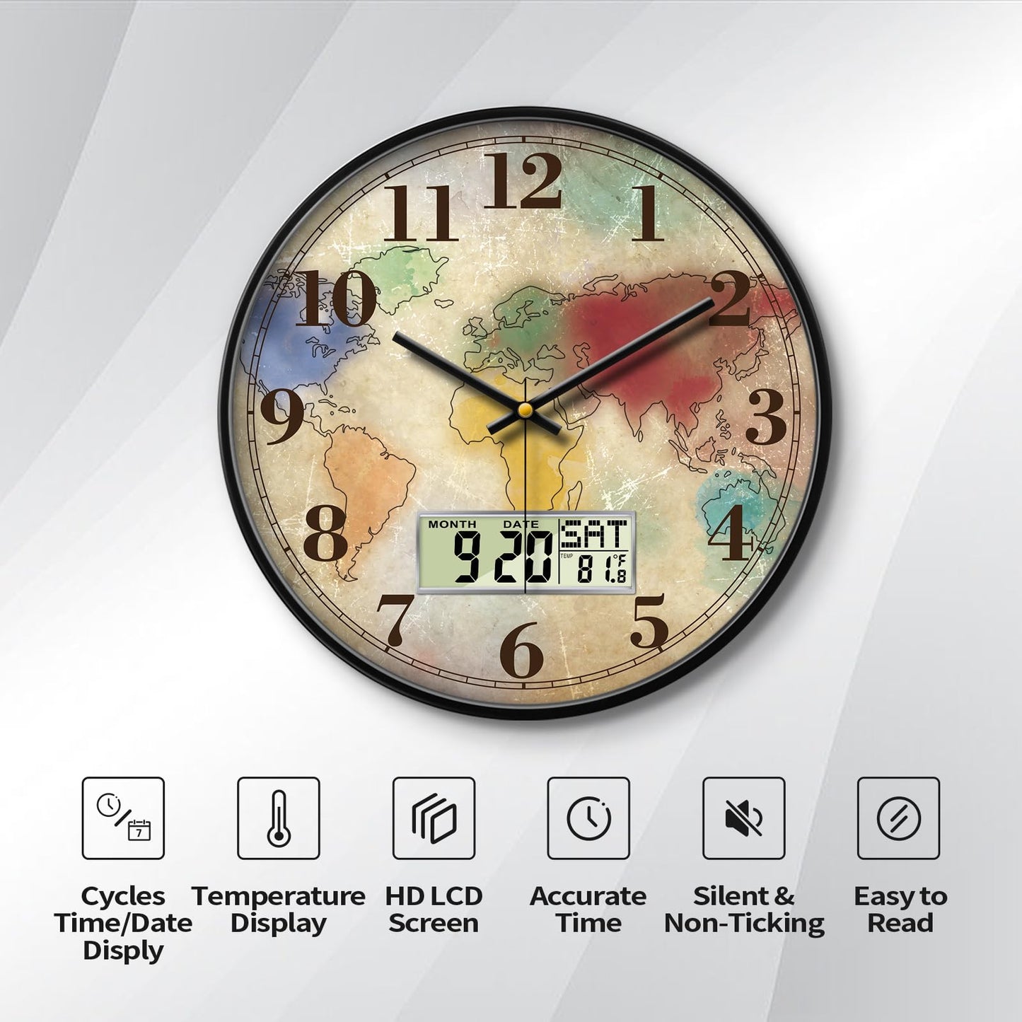 Wilderness Sunset Wall Clock, 12 Inch Silent Non-Ticking Battery Operated Analog Clock with LCD Date Day Temp Display, Decorative for Living Room, Bedroom, Kitchen, Office, Farmhouse, Cabin