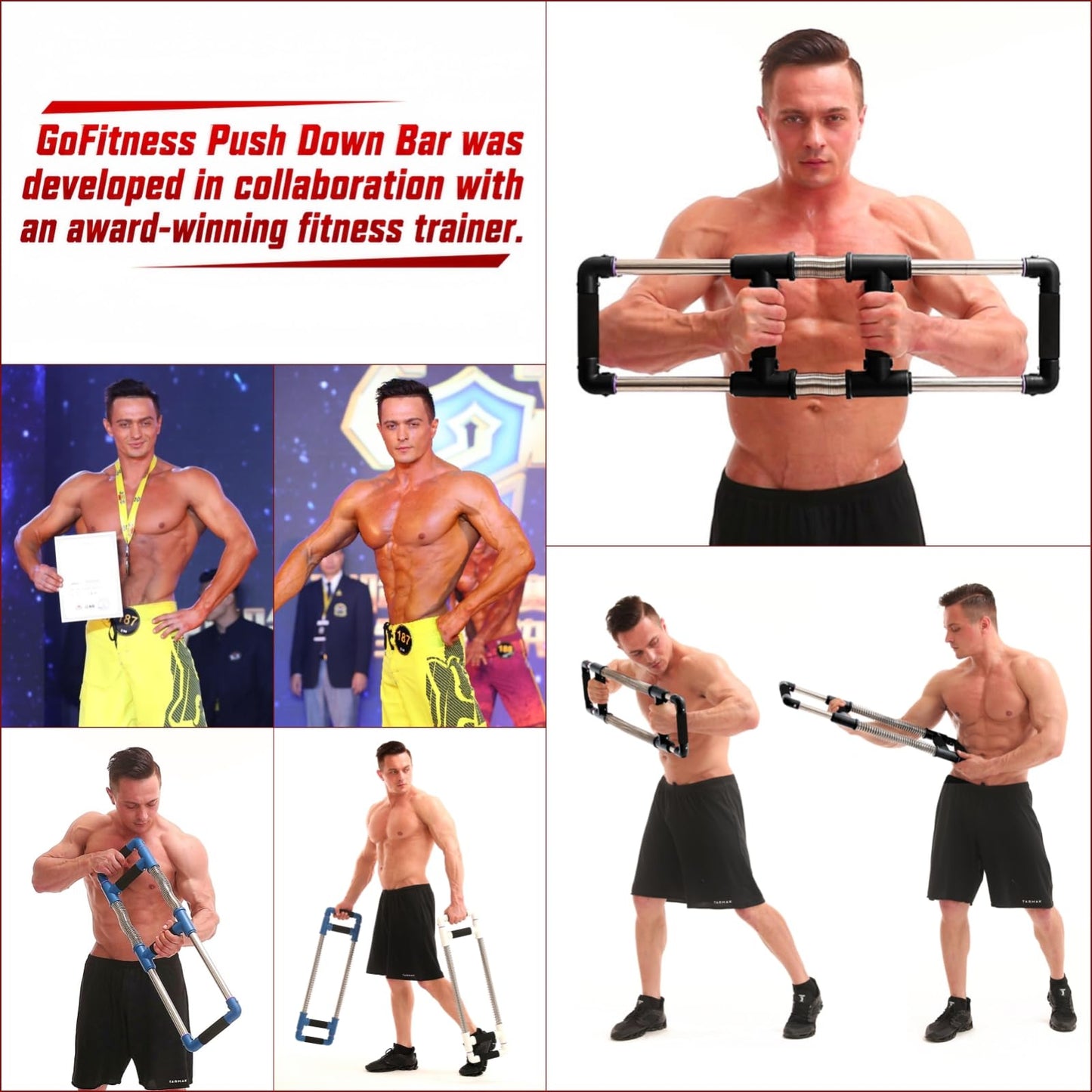 GoFitness Push Down Bar, Chest Exerciser at Home Workout Equipment | Upper Body Strength Trainer for Chest, Arm, Shoulder, Back and Abs, Home Fitness Equipment