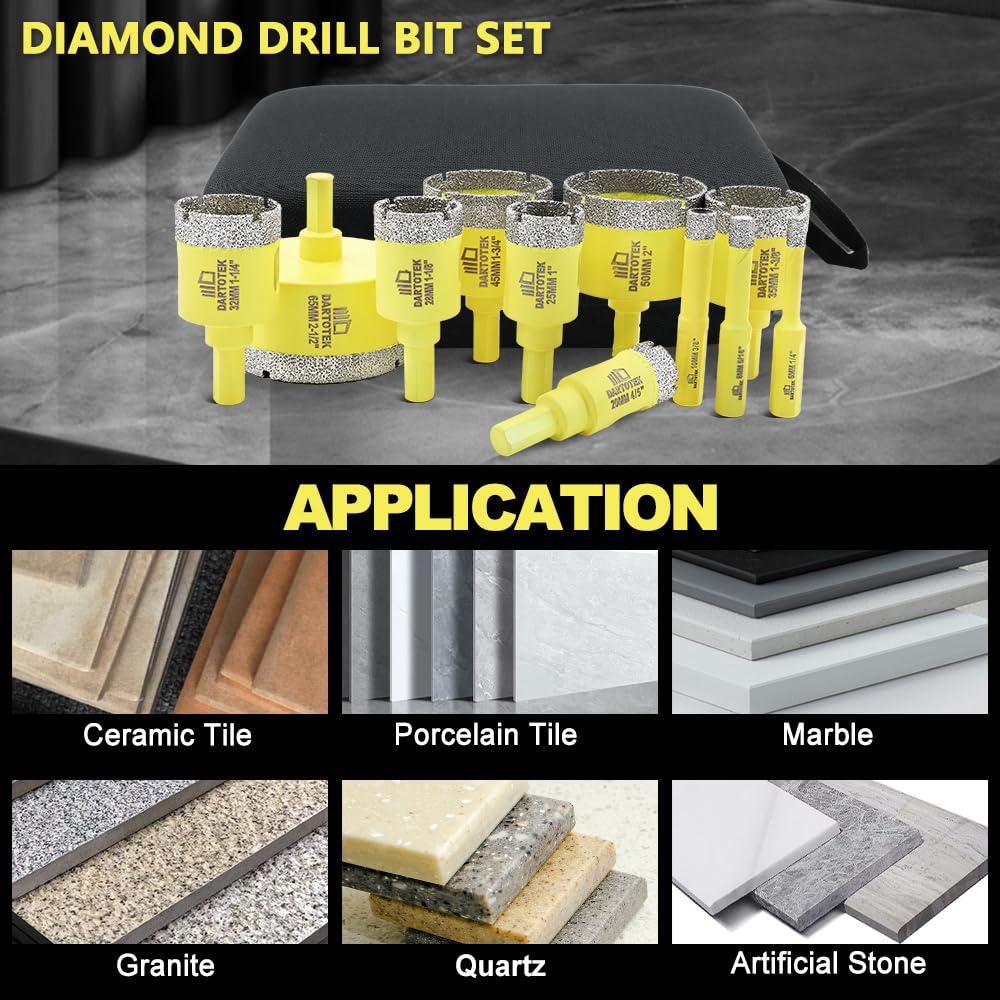 Diamond Core Drill Bits Set for Tile, DARTOTEK 10PCS Porcelain Hole Saw Kit with Aluminum Case, (6/6/8/20/35/50/65mm+2" Chamfer bit +SDS Adapter, Dry/Wet Drilling for Ceramic, Granite & Marble