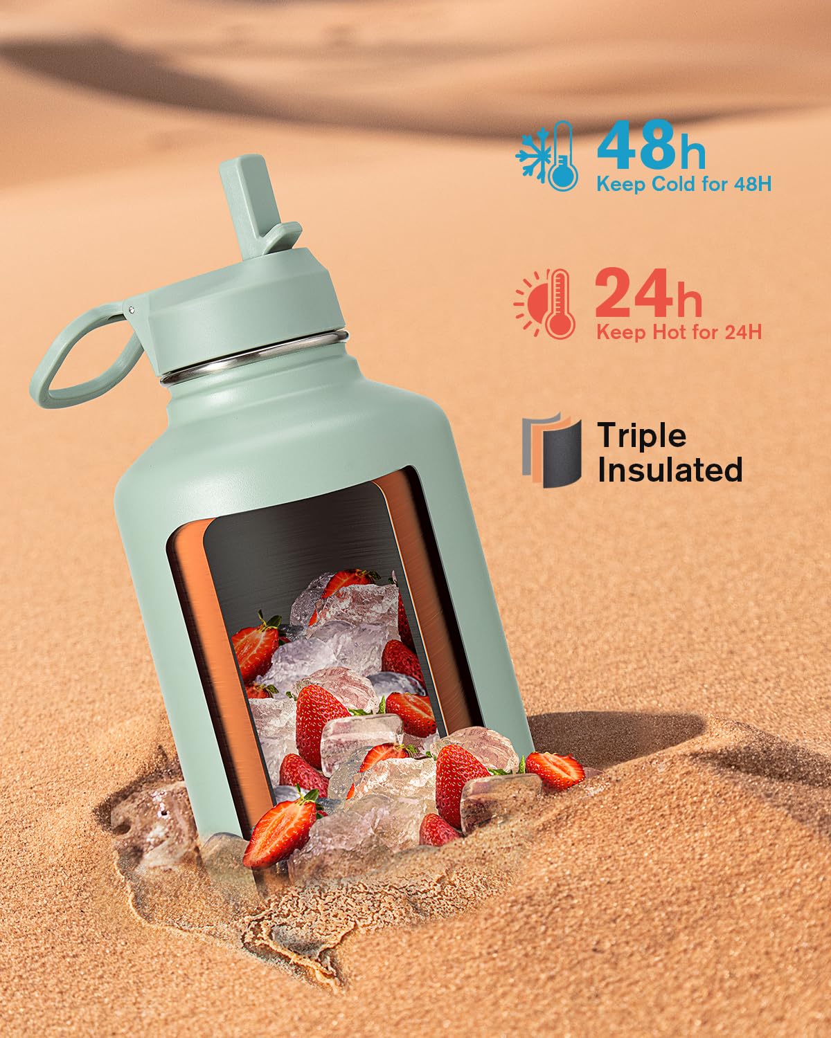 Half Gallon Water Bottle Insulated with Straw & 3 Lids, Coolflask 64 oz Water Jug Large Metal Stainless Steel Wide Mouth for Sports, Gym or Office, Non-BPA Keep Cold 48H Hot 24H, Samurai Cyan