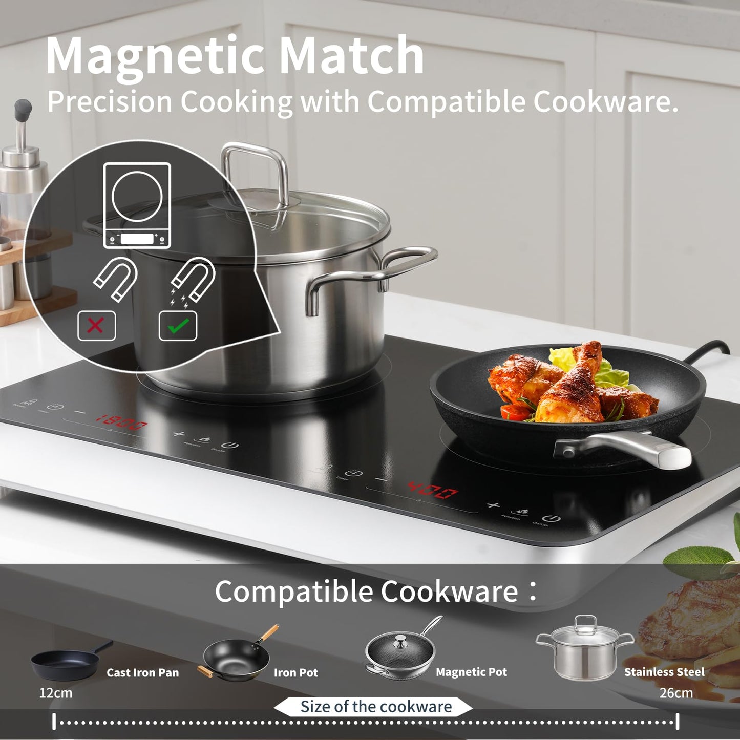 COOKTRON Double Induction Cooktop Burner with Fast Warm-Up Mode, 1800w 2 Burner with 10 Temperature 9 Power Settings, Portable Dual Induction Cooker Cooktop with Child Safety Lock & Time