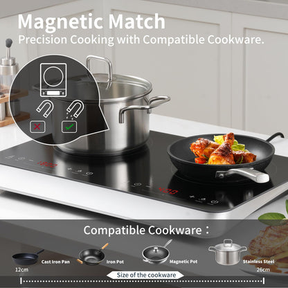 COOKTRON Double Induction Cooktop Burner with Fast Warm-Up Mode, 1800w 2 Burner with 10 Temperature 9 Power Settings, Portable Dual Induction Cooker Cooktop with Child Safety Lock & Time