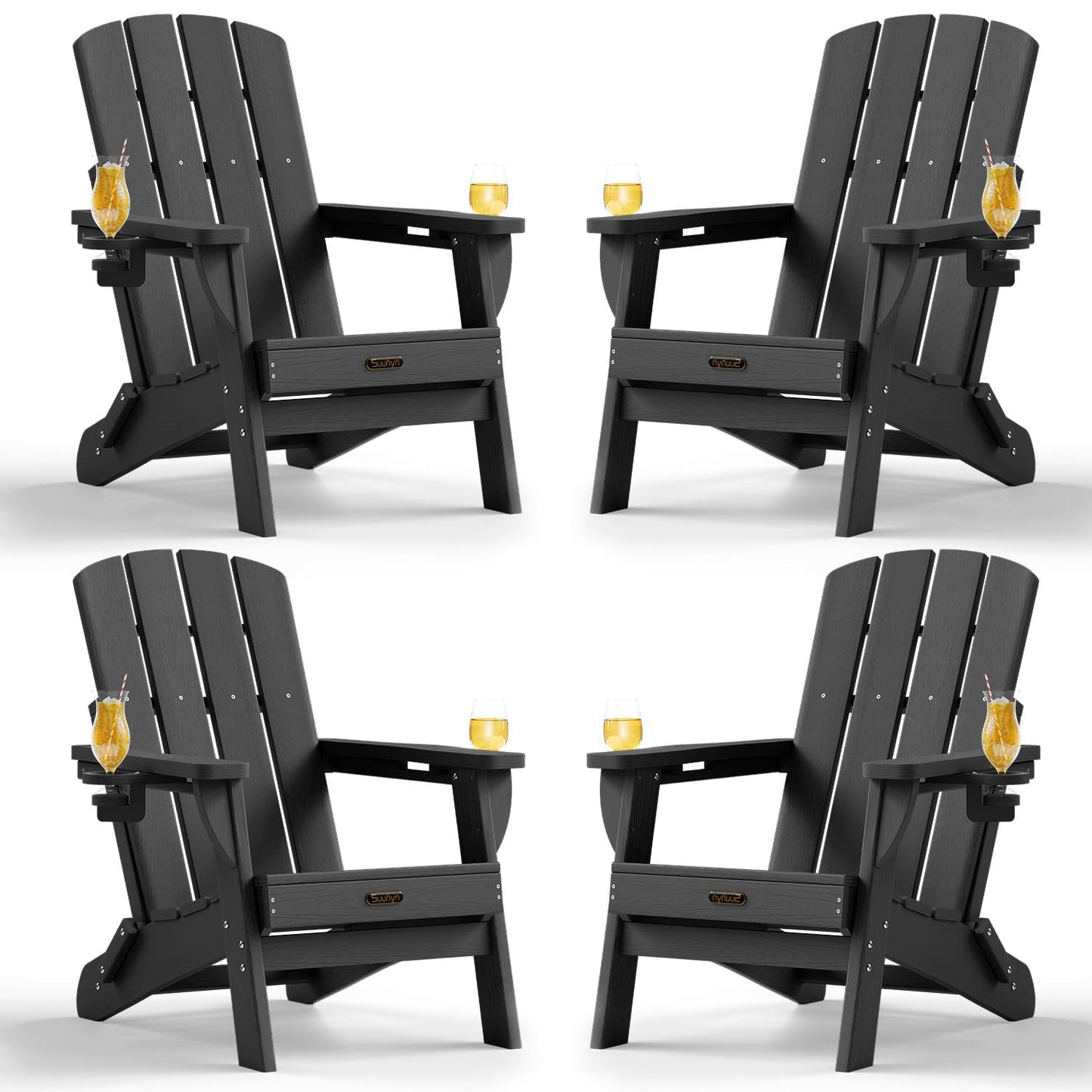 Folding Adirondack Chair, HDPE Adirondack Chairs with 2 Cup Holder, Plastic All-Weather Fire Pit Chairs, Outdoor Lawn Chair for Patio Garden (Grey)