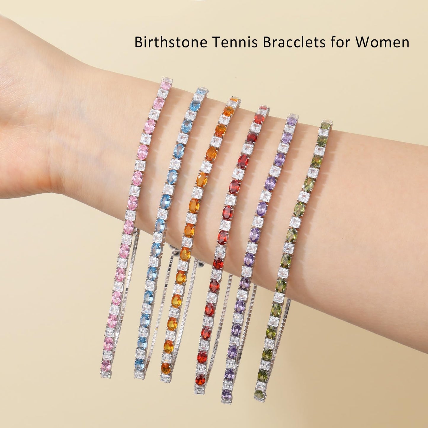 Sterling Silver Birthstone Bracelets for Women White Gold Tennis Bracelets Adjustable Chain 6-9 Inchs Jewelry Hypoallergenic Anniversary Birthday Gifts for Women Mom Wife Her