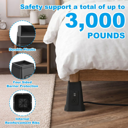 Relaxweex 4 Pack 8 Inches Heavy Duty Bed Risers with Power Outlet and USB - Adjustable Plastic Bed Frame Riser Lifts - Furniture Support Blocks for Sofa College Dorm Twin, Supports 2200 lbs