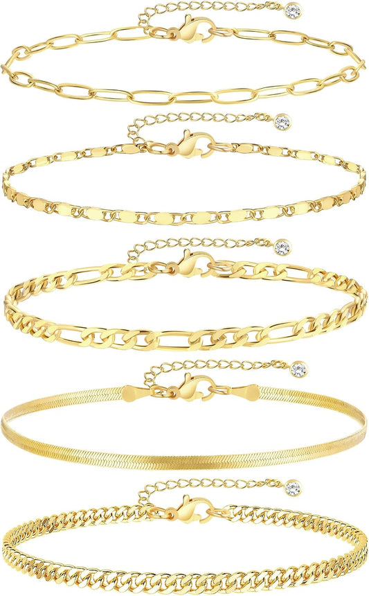 iF YOU Gold Ankle Bracelets for Women, 14k Gold Plated Waterproof Cuban Link Chain Anklets Set, Layered Anklet Bracelets for Women Beach Gift Adjustable Size 5pcs