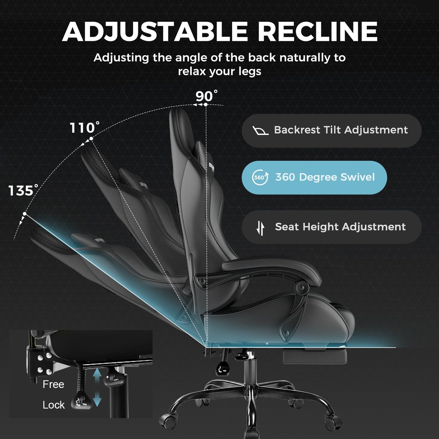 GTPLAYER Gaming Chair, Computer Chair with Footrest and Lumbar Support, Height Adjustable Game Chair with 360°-Swivel Seat and Headrest and for Office or Gaming (Pearl White)