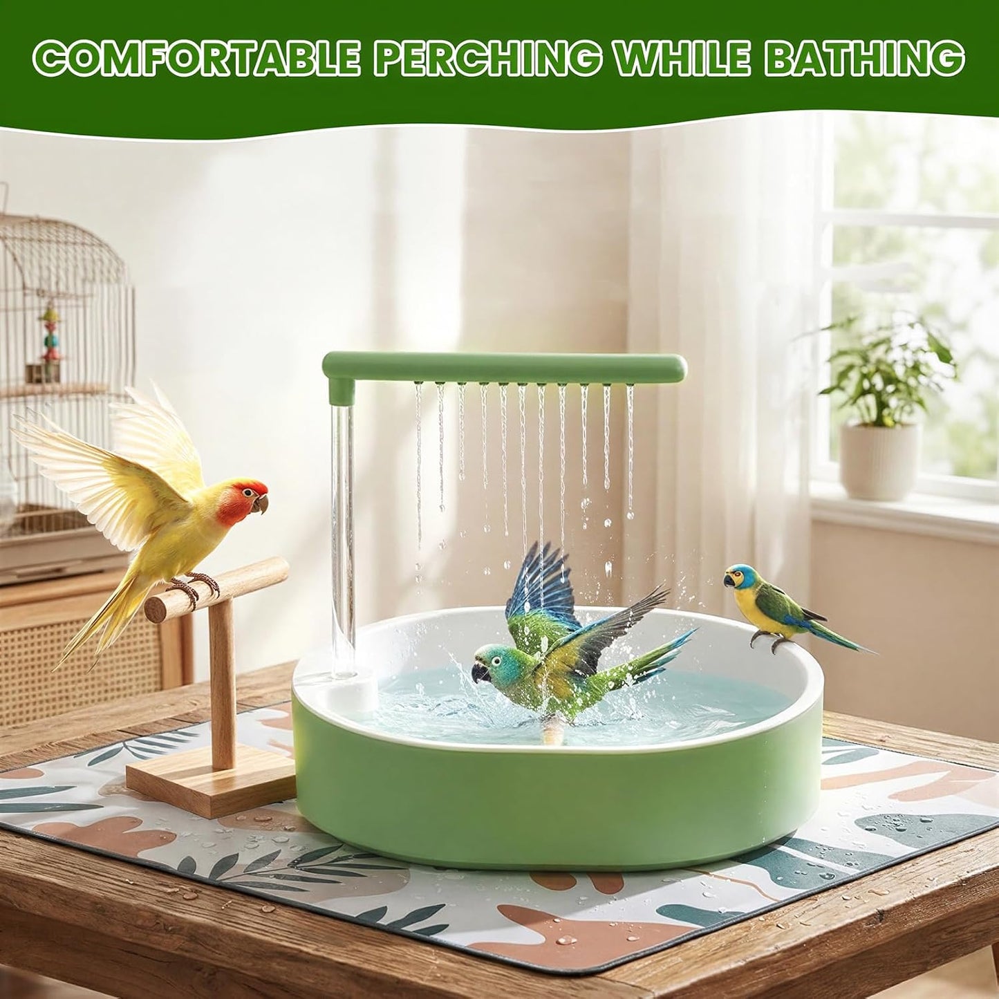 Bird Shower Bath Set for Budgies, Cockatiels & Small Parrots, Indoor Bird Bath Shower with Waterproof Splash Mat, Bird Perch Stand and Bath Accessories