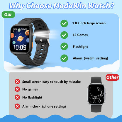 Smart Watch for Kids with 12 Puzzle Games, 1.83" Fitness Tracker Watch Heart Rate Sleep Monitor, Pedometer, Alarm Clock, Flashlight, Gift for 6-12 Year Old Boys Girls