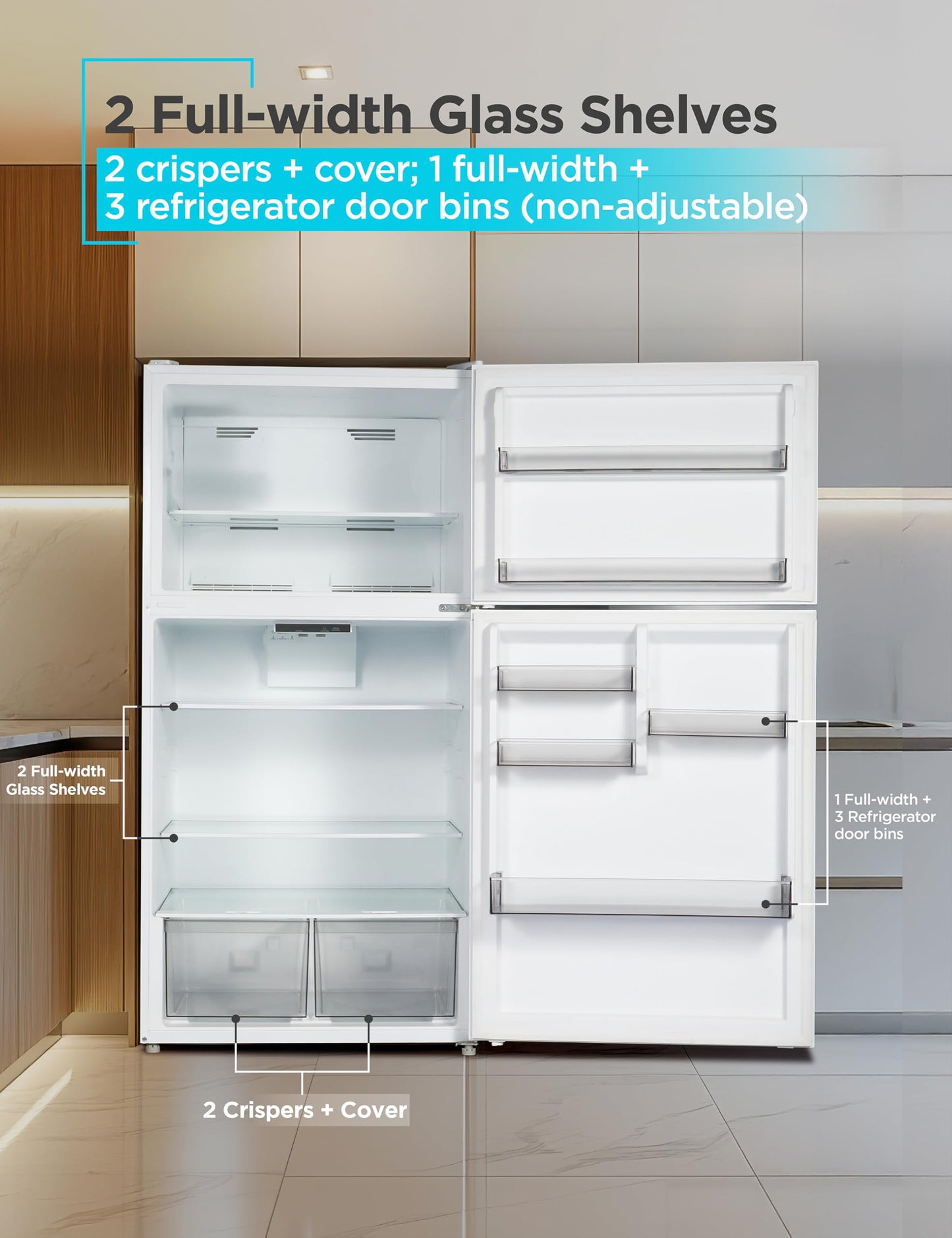 BLACK+DECKER 16.4 Cu. Ft. Top Mount Refrigerator with Freezer, 2 Door Refrigerator with Top Freezer and Separate Temperature Controls, Auto Defrost, BR1640KW, White