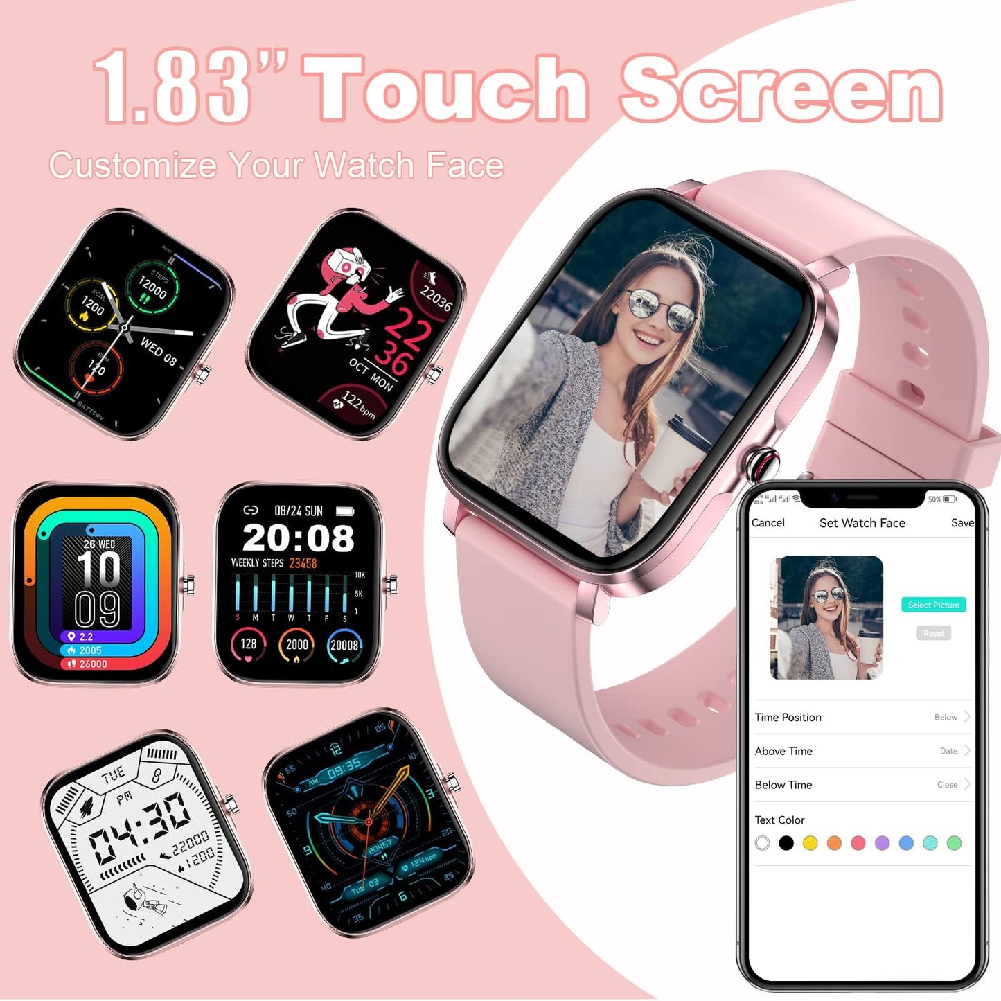 Smart Watch for Men Women SmartWatch 1.83" for iPhone Samsung Android Phone Compatible, Fitness Tracker Watch with Pedometer, Heart Rate/Sleep Monitor, Blood Oxygen, IP68 Waterproof