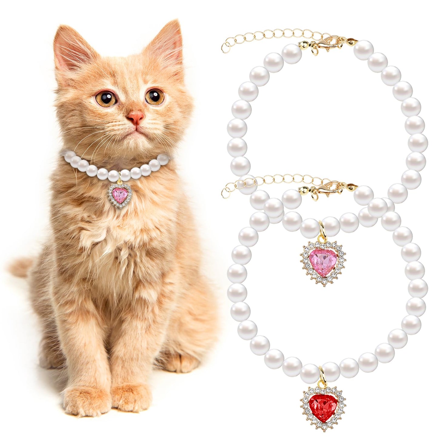 Tyqour 2pcs Cute Girl Cat Collar, Pearl Cat Dog Collar with Small Heart Shape Rhinestone for Small Dogs and Cats Adjustable Fancy Dog Pearl Necklace Collars, Pink Heart + White Heart