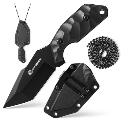Neck Knife with Sheath and Necklace X-TAN-K, Horizontal Carry Knife with Full Tang Tanto 5Cr14MoV Steel Blade, Khaki ABS Handle, EDC, Outdoor, Camping & Hiking