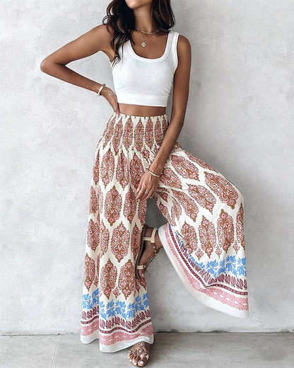 CHICME Boho Floral Shirred High Waisted Wide Leg Pants Flowy Palazzo Pants Summer Beach Vacation Wear