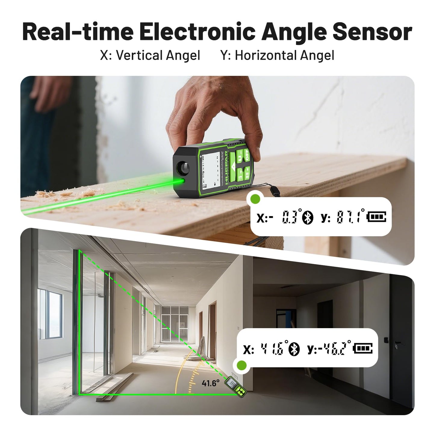 Huepar 395FT Bluetooth Green Laser Measuring Tool S120-G-BT | 1/16in Accuracy, APP Control, Angle Sensor, Carry Bag, Laser Distance Measurement Tool, Digital Laser Room Measuring Device