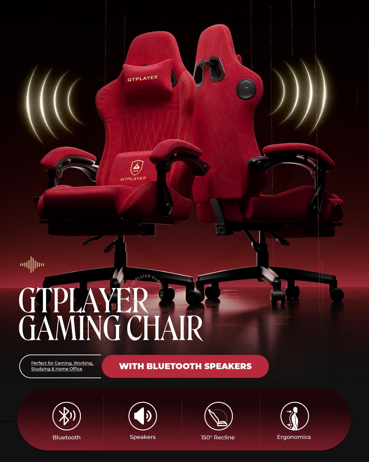 GTPLAYER Gaming Chair for Adults, Ergonomic Computer Game Chairs with Speakers, Footrest & Linkage Armrest, Reclining High Back Silla Gamer for Home Office, Ace Pro, Off-White