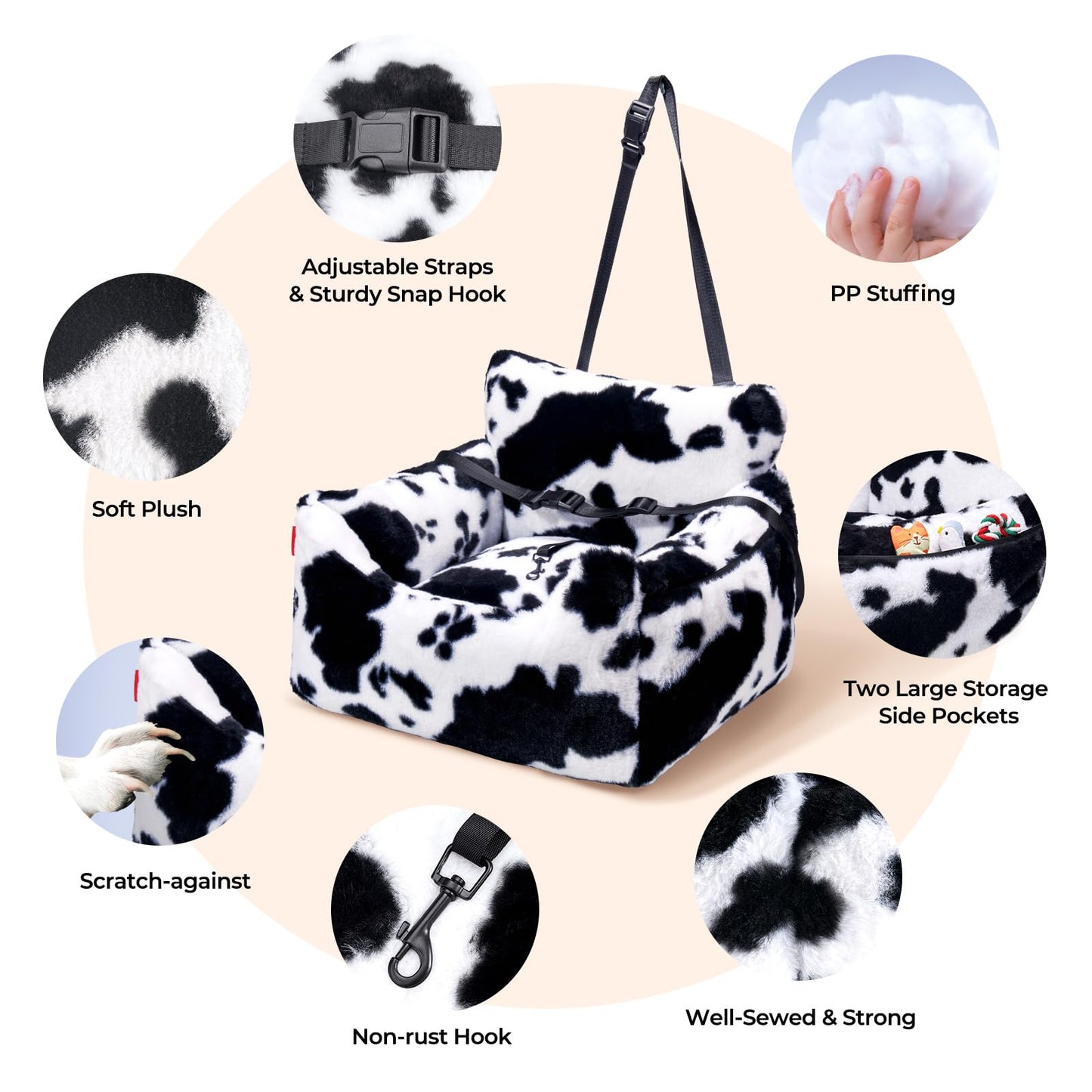 BurgeonNest Dog Car Seat for Small Dogs, Soft Pet Car Travel Home Bed Under 25 lbs, Fully Detachable and Washable Cat Booster Carseats with Storage Pockets and Clip-On Leash Portable Carrier,Black