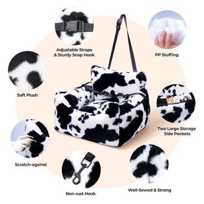 BurgeonNest Dog Car Seat for Small Dogs, Soft Pet Car Travel Home Bed Under 25 lbs, Fully Detachable and Washable Cat Booster Carseats with Storage Pockets and Clip-On Leash Portable Carrier,Black