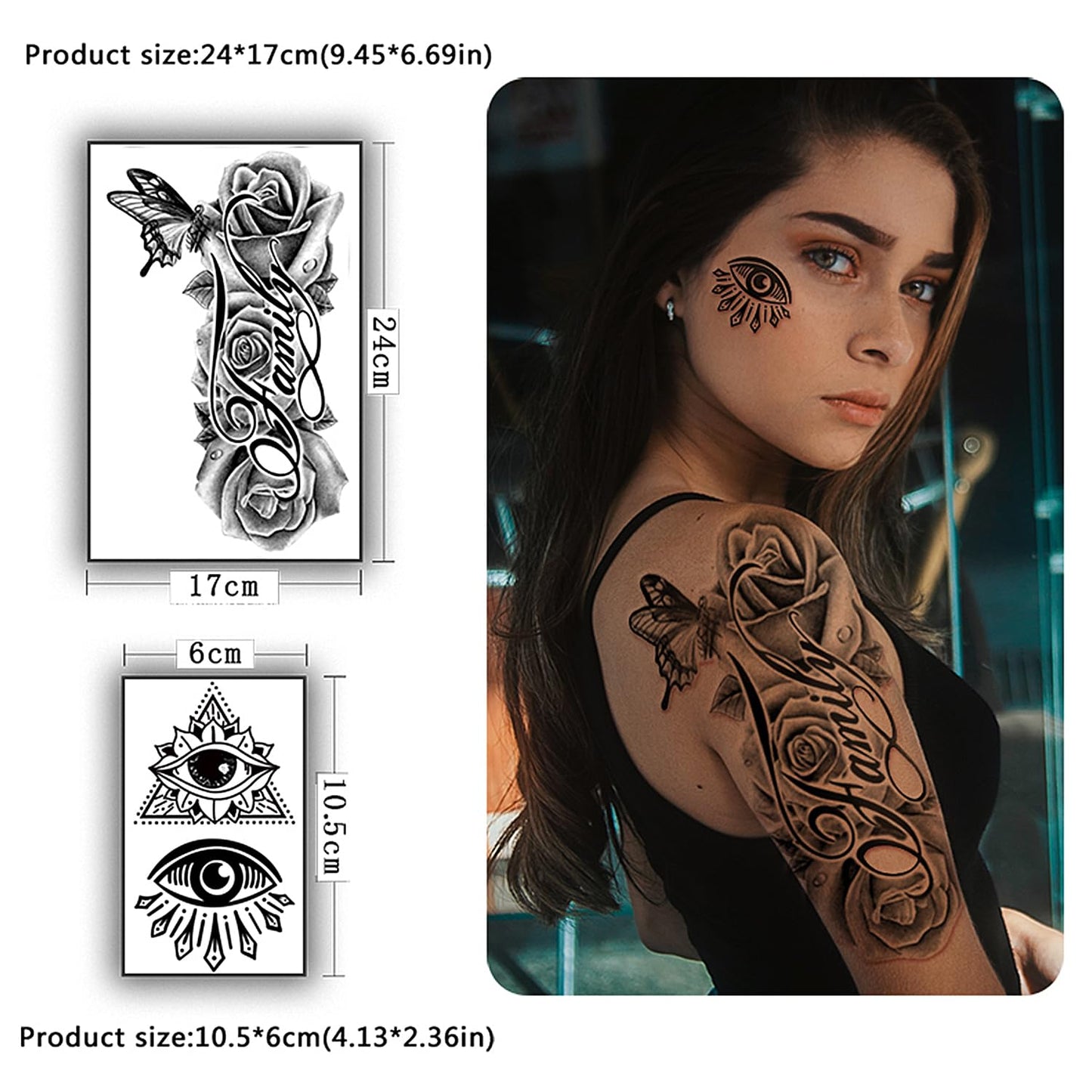 Yazhiji 36 Sheets Temporary Tattoos Stickers, 12 Sheets Fake Body Arm Chest Shoulder Tattoos for Men or Women with 24 PCS Tiny Black Tattoos