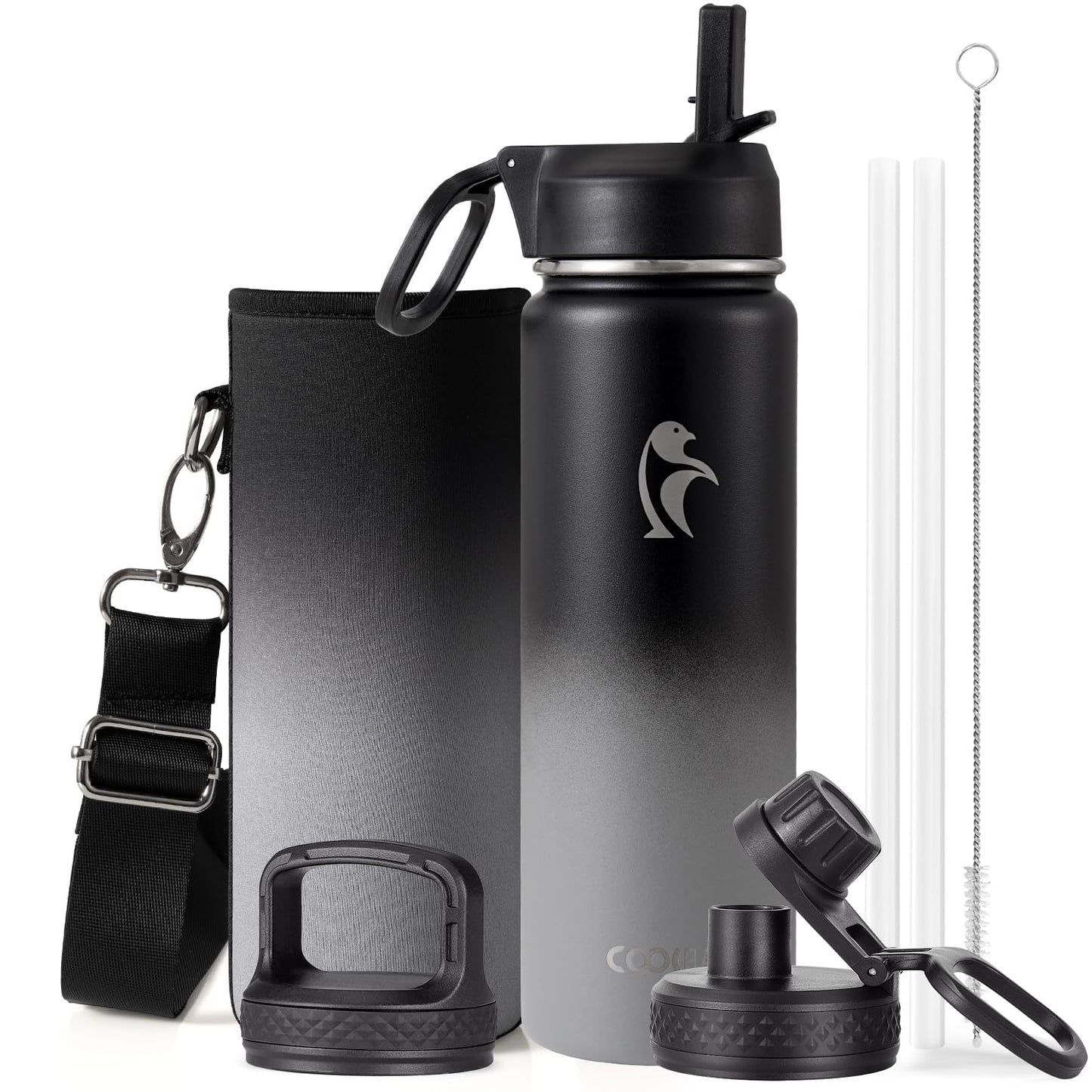 Half Gallon Water Bottle Insulated with Straw & 3 Lids, Coolflask 64 oz Water Jug Large Metal Stainless Steel Wide Mouth for Sports, Gym or Office, Non-BPA Keep Cold 48H Hot 24H, Samurai Cyan