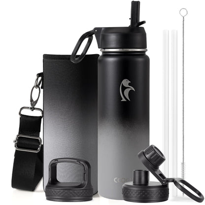 Half Gallon Water Bottle Insulated with Straw & 3 Lids, Coolflask 64 oz Water Jug Large Metal Stainless Steel Wide Mouth for Sports, Gym or Office, Non-BPA Keep Cold 48H Hot 24H, Samurai Cyan