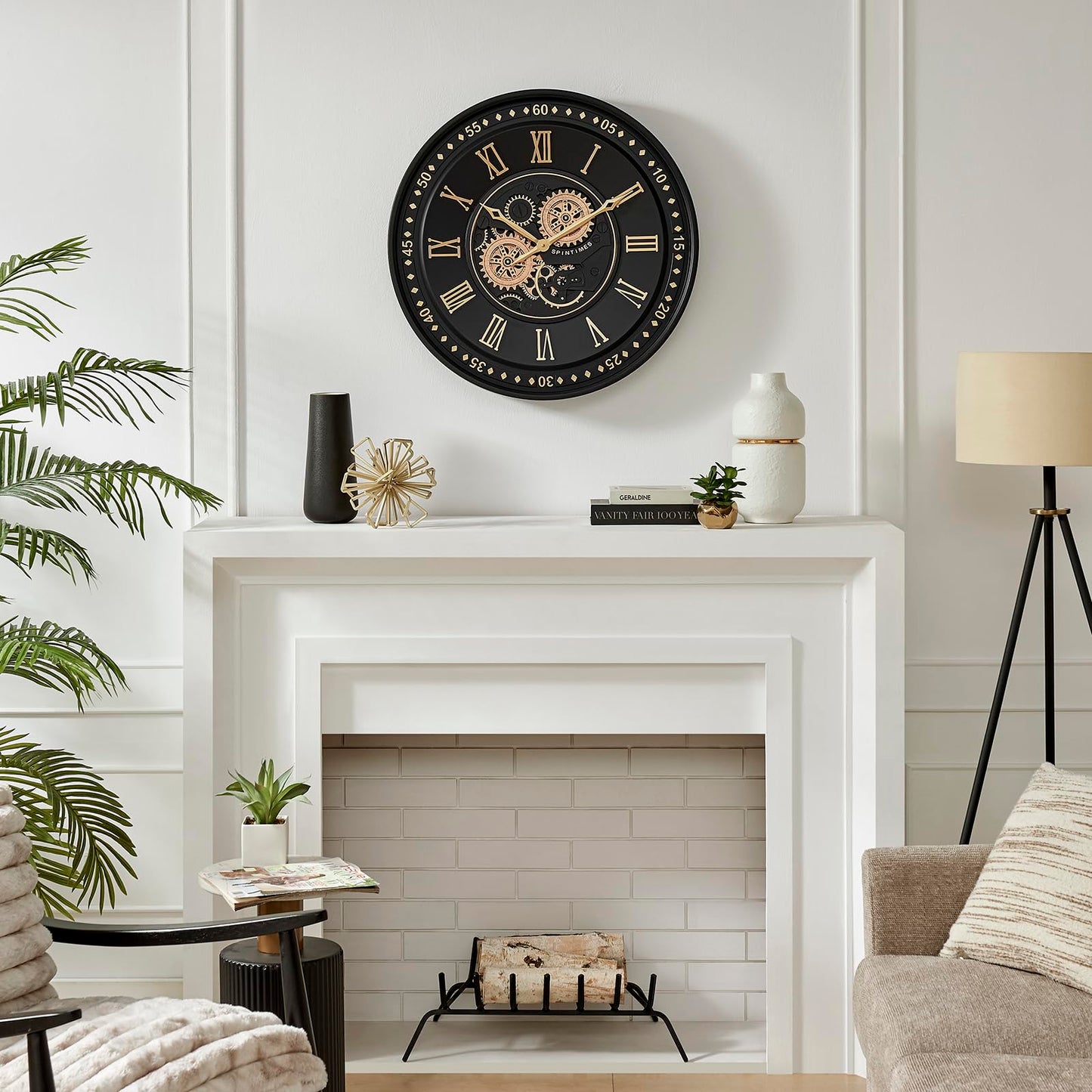 CLXEAST Mid Century Minimalist Modern Wall Clocks,24 Inch Wall Clock with Moving Gears, Large Cream Gold Wall Clocks for Living Room Decor,House Warming Gifts New Home