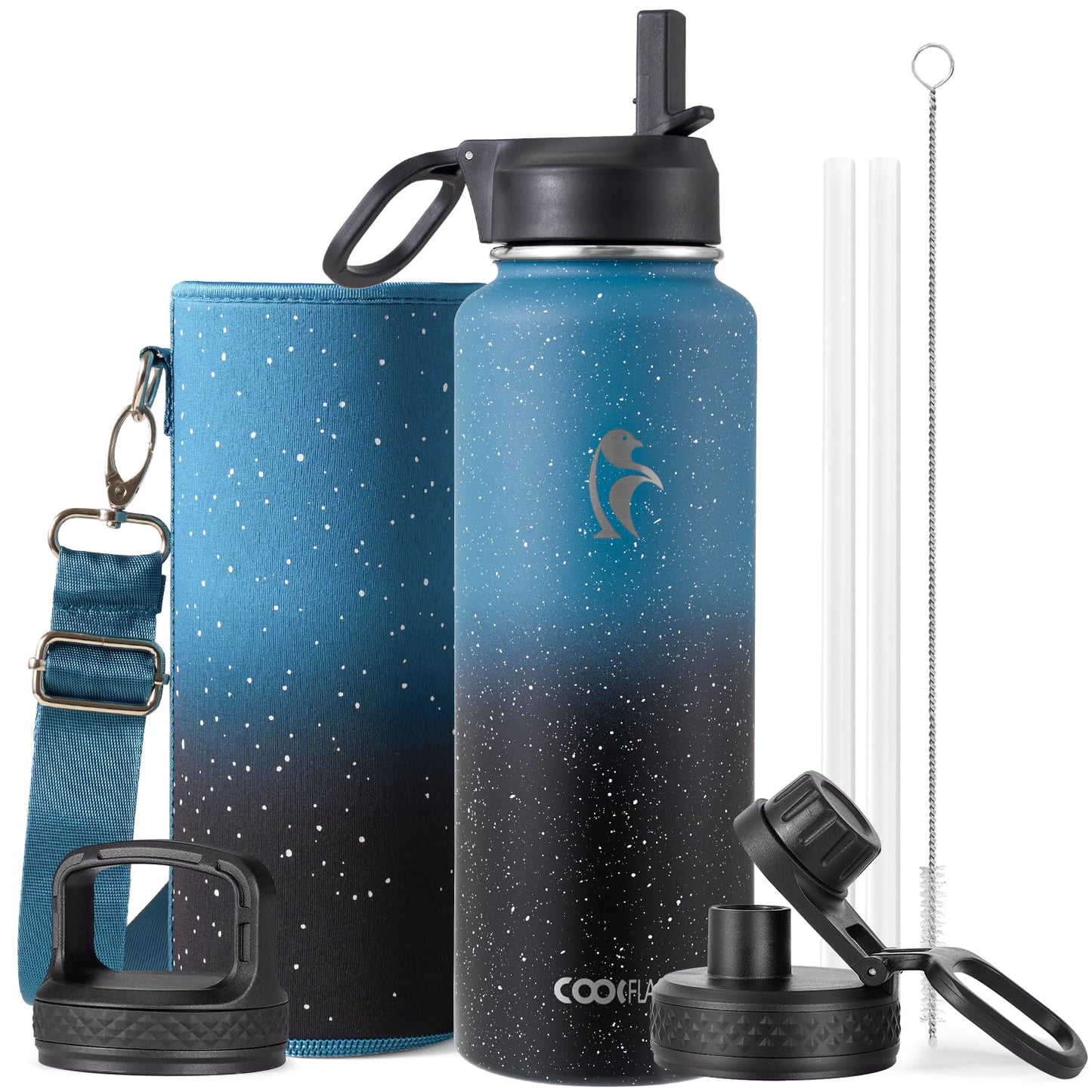 Half Gallon Water Bottle Insulated with Straw & 3 Lids, Coolflask 64 oz Water Jug Large Metal Stainless Steel Wide Mouth for Sports, Gym or Office, Non-BPA Keep Cold 48H Hot 24H, Samurai Cyan