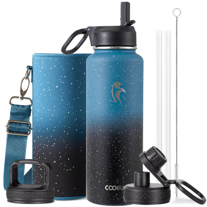 Half Gallon Water Bottle Insulated with Straw & 3 Lids, Coolflask 64 oz Water Jug Large Metal Stainless Steel Wide Mouth for Sports, Gym or Office, Non-BPA Keep Cold 48H Hot 24H, Samurai Cyan