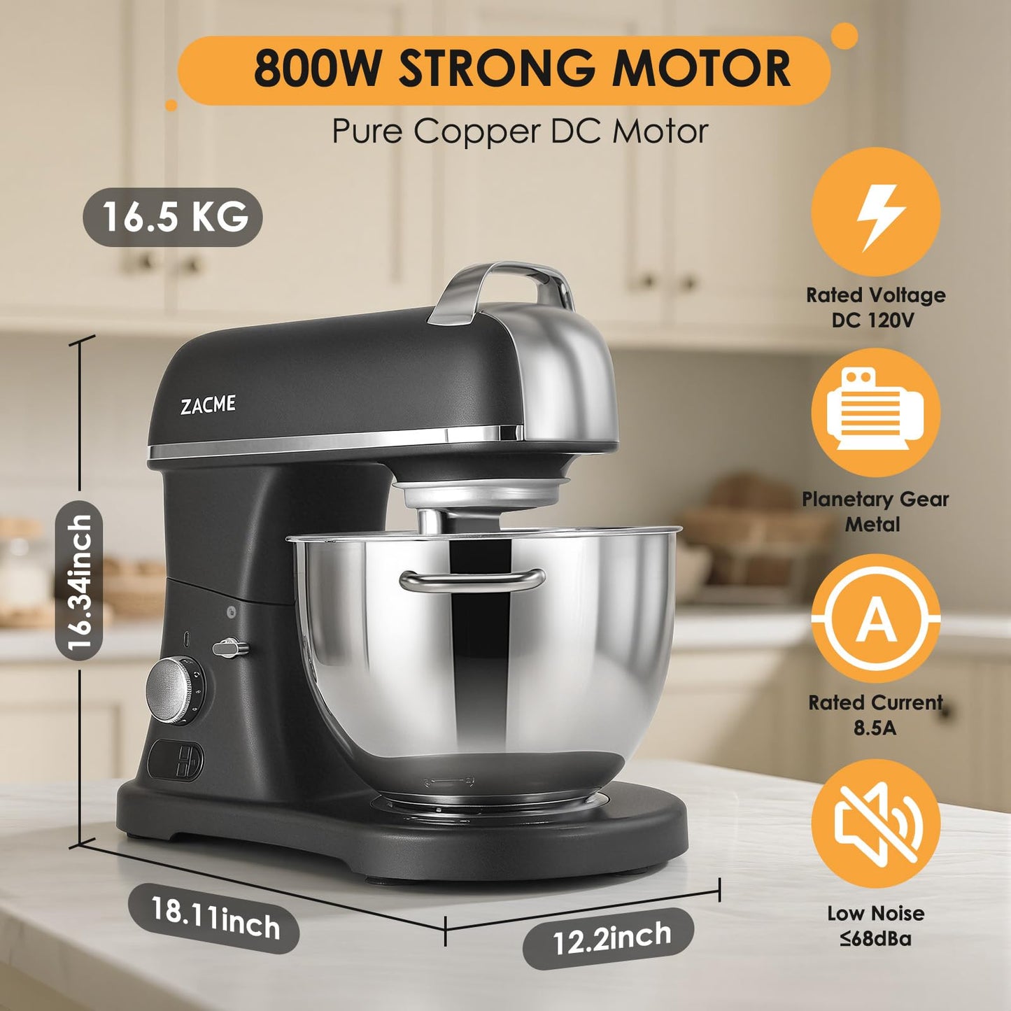 8.4QT Commercial Stand Mixer 800W with Aluminum Die Casting Meets the Standard of NSF/ANSI 8-2023, Mixers Kitchen Electric Stand Mixer with Stainless Steel 8L Bowl, Dough Hook, Whisk and Beater