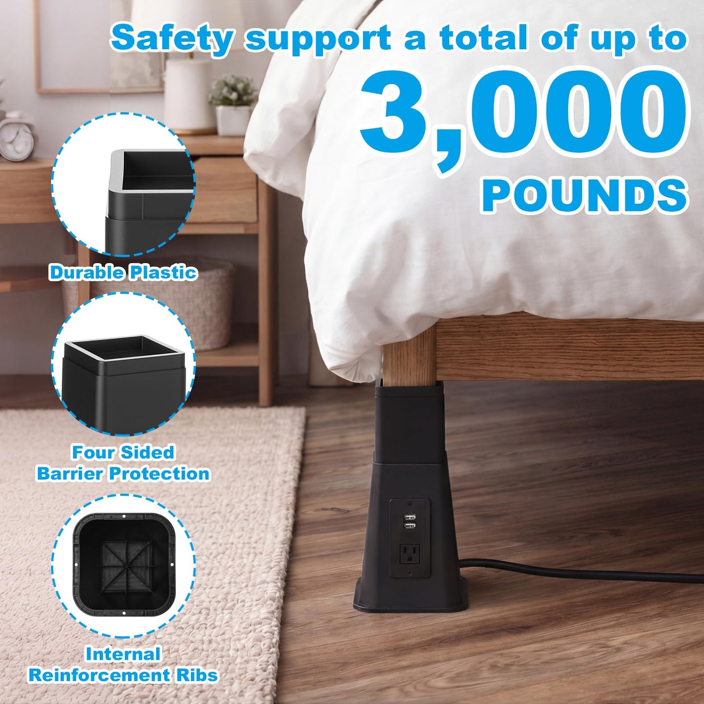 Relaxweex 4 Pack 8 Inches Heavy Duty Bed Risers with Power Outlet and USB - Adjustable Plastic Bed Frame Riser Lifts - Furniture Support Blocks for Sofa College Dorm Twin, Supports 2200 lbs