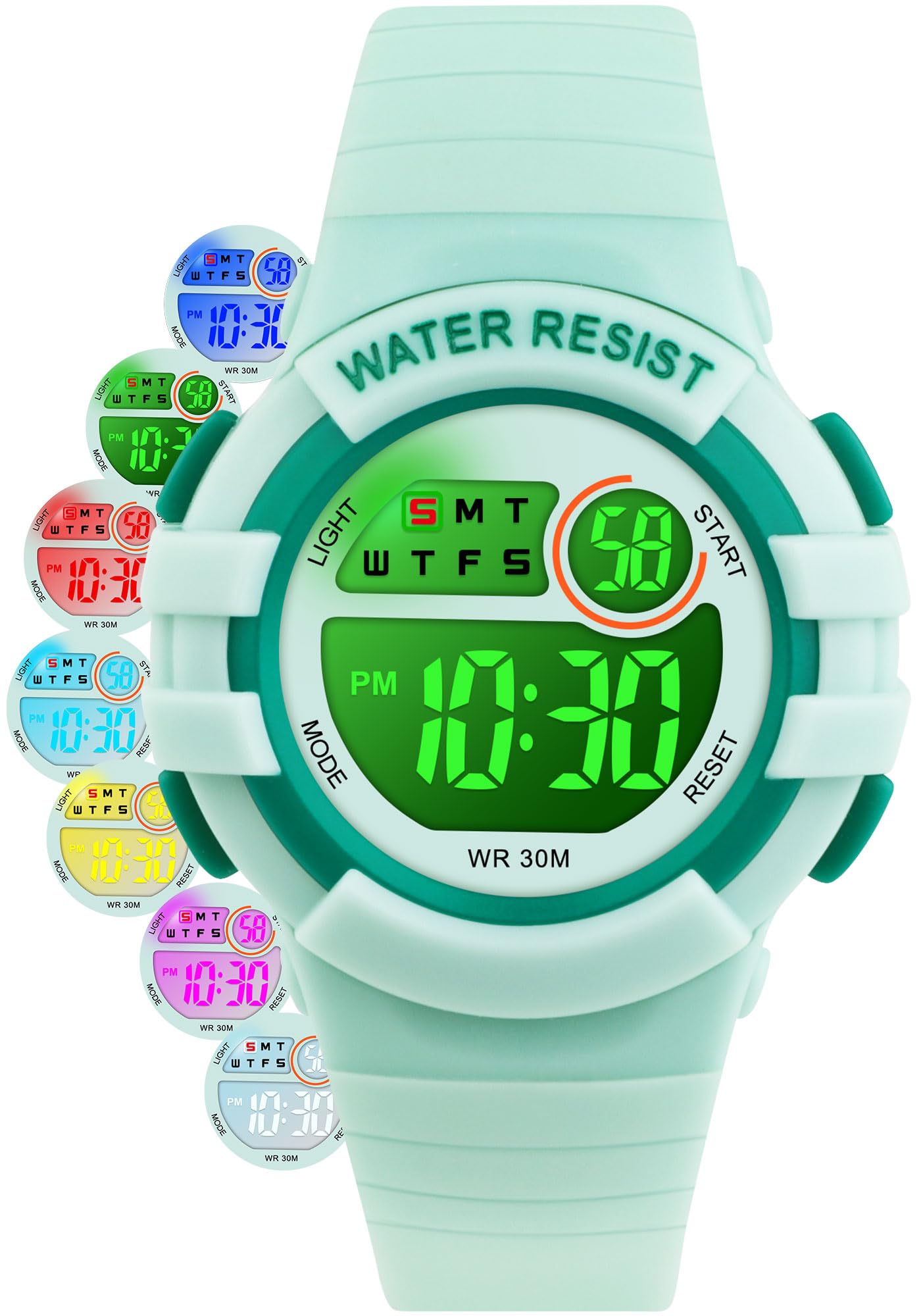 DTKID Digital Kids Watch 30 M Waterproof, 7 Color Lights Time Teaching Watch Easy to Read for Girls Boys 5-16