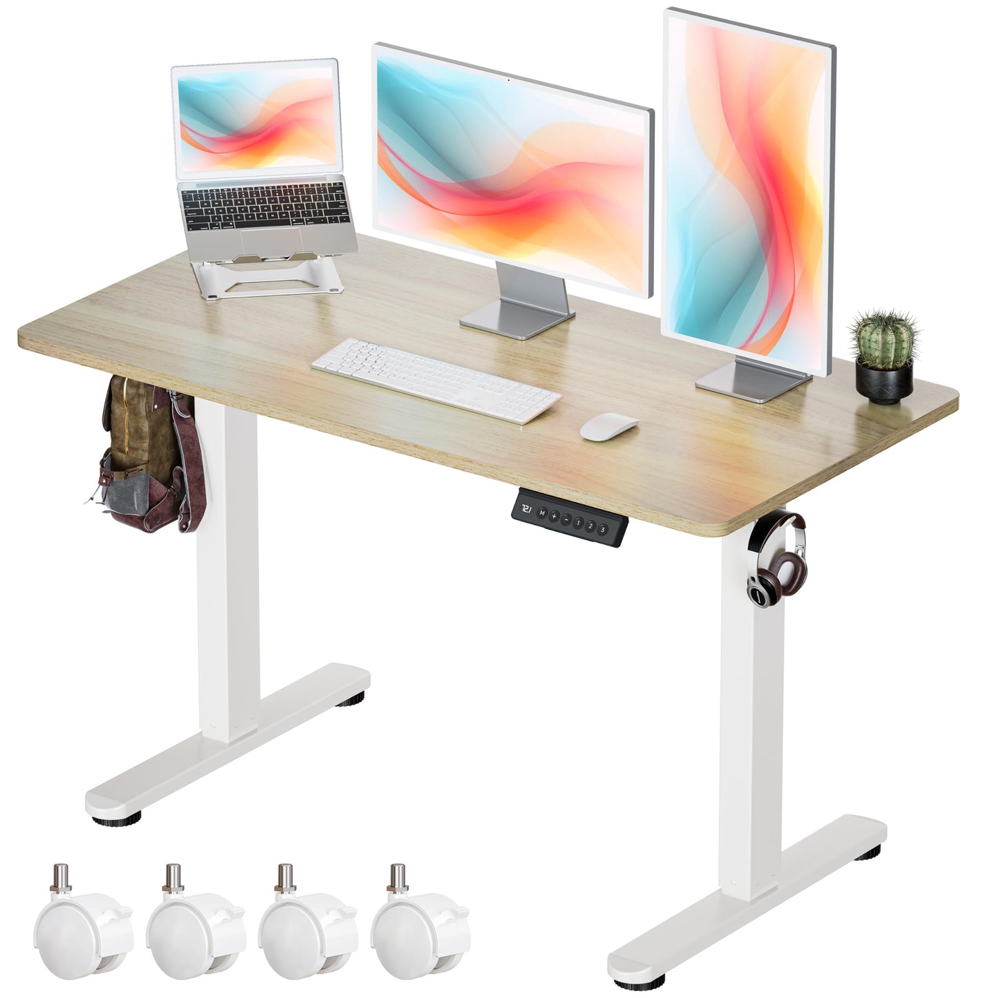 Okin Small Electric Standing Desk, 36" x 24" Whole Piece Height Adjustable Desk, Oak Sit to Stand Computer Workstation with Wheels for Home Office