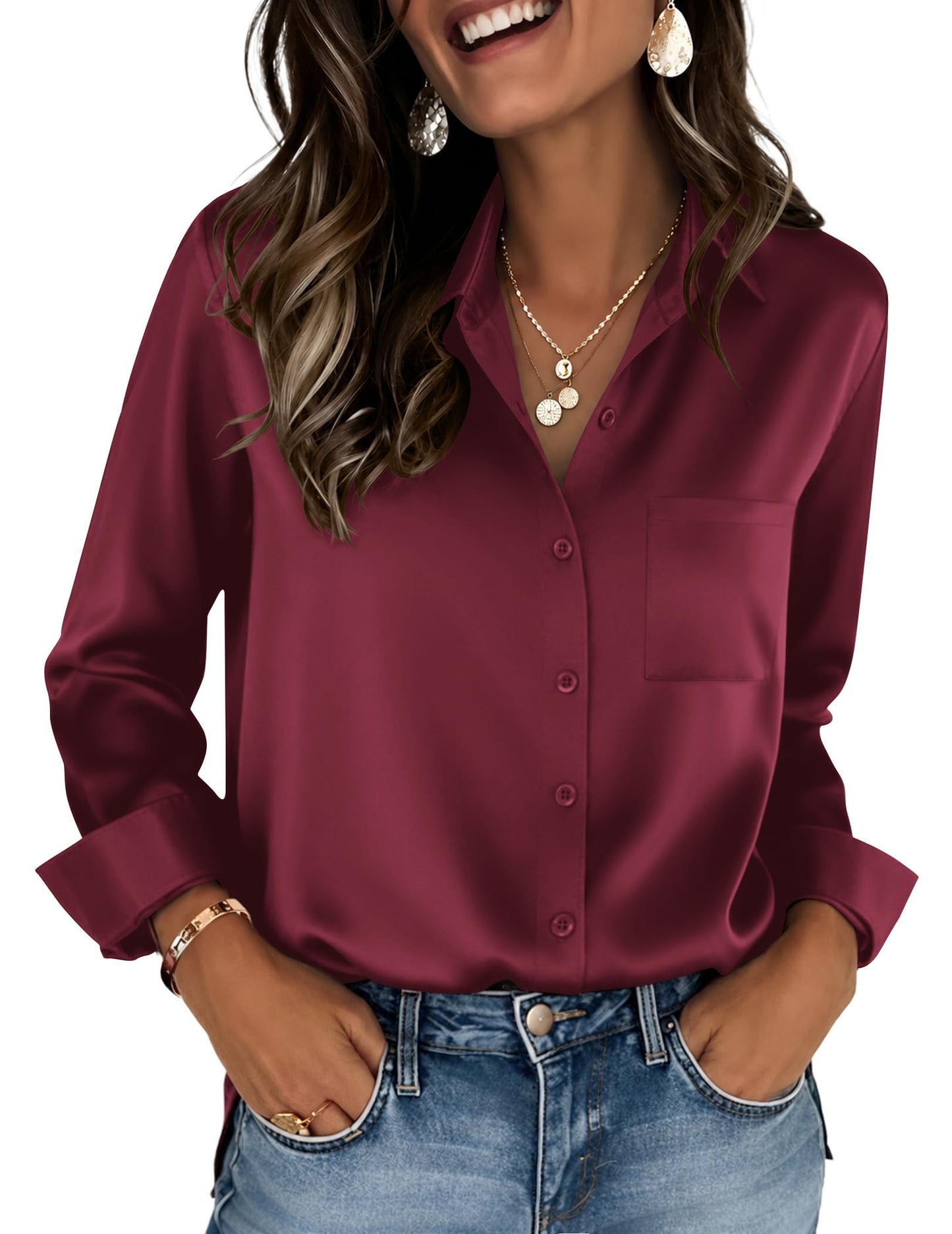 Zeagoo Womens Tops Satin Blouse Long Sleeve Shirts V Neck Dressy Casual | Button Down Business Outfits Fall Fashion With Pockets