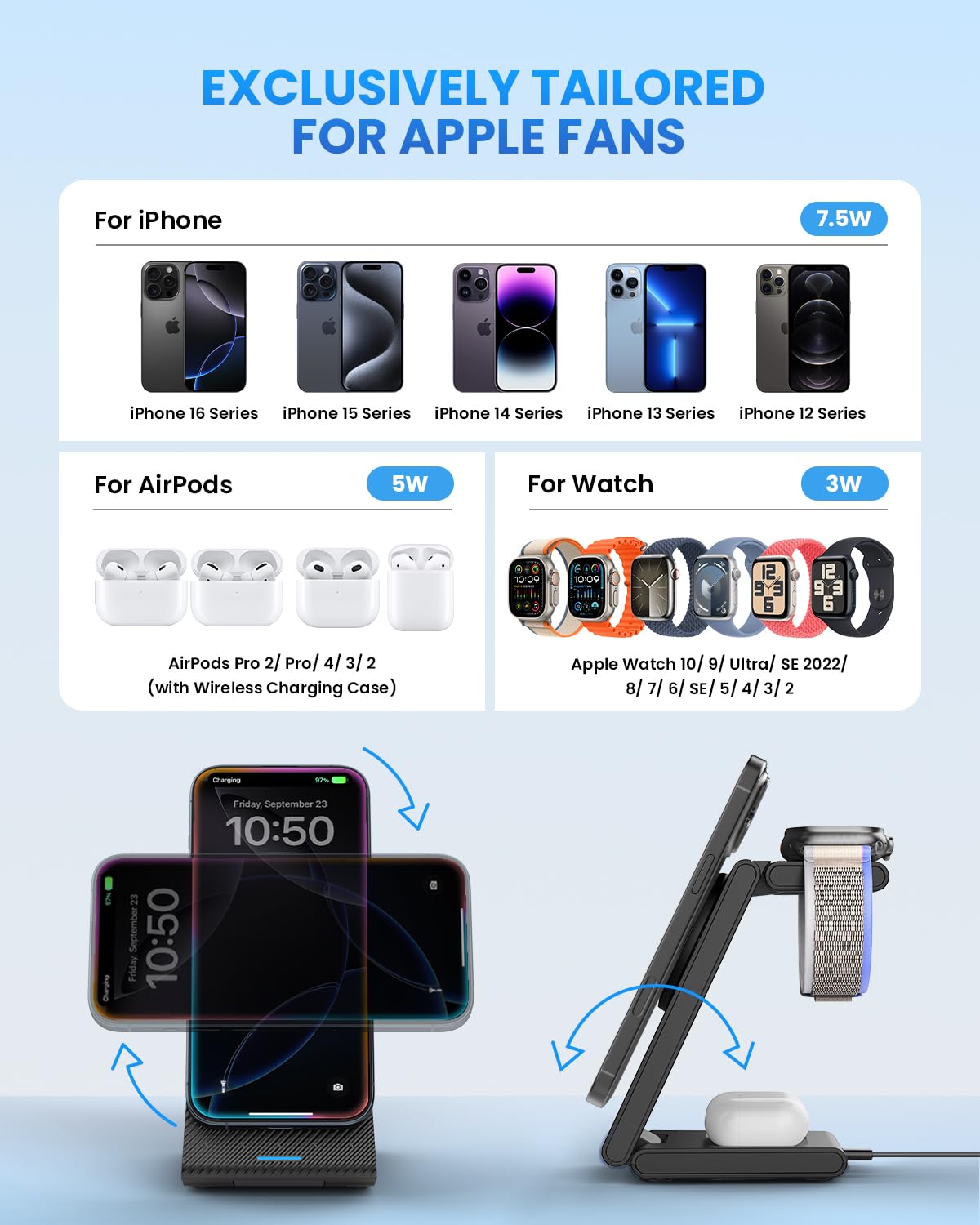 JoyGeek 3 in 1 Charging Station for Apple Devices, Wireless Charger Stand for iPhone 17/16/15/14/13/12/11/SE/X Pro Max Plus - Apple Watch 11/10/9/Ultra 2/8/SE/7/6/5 - AirPods Pro 2/3/2