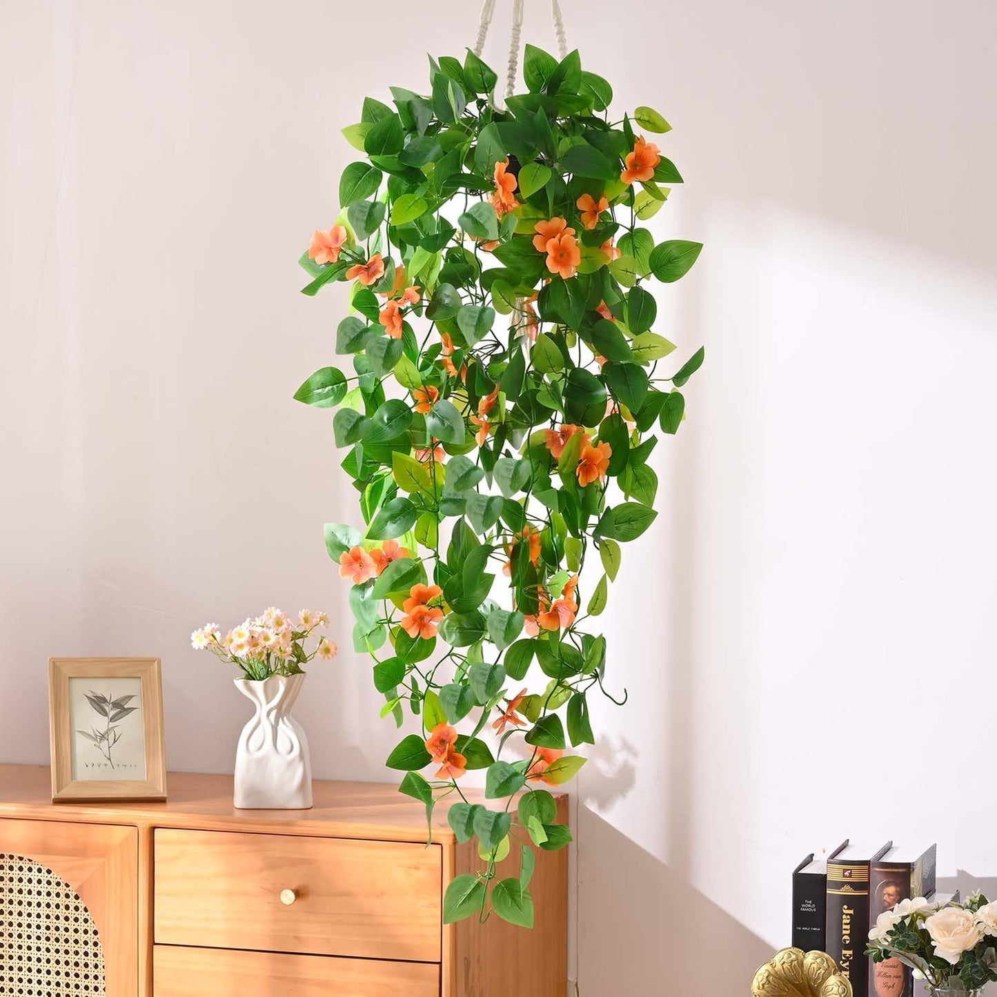 BLEUM CADE Fake Hanging Plants, 2pcs Artificial Pothos Vines Faux Plants Greenery for Wall Home Living Room Office Indoor Outdoor Decor (No Baskets)