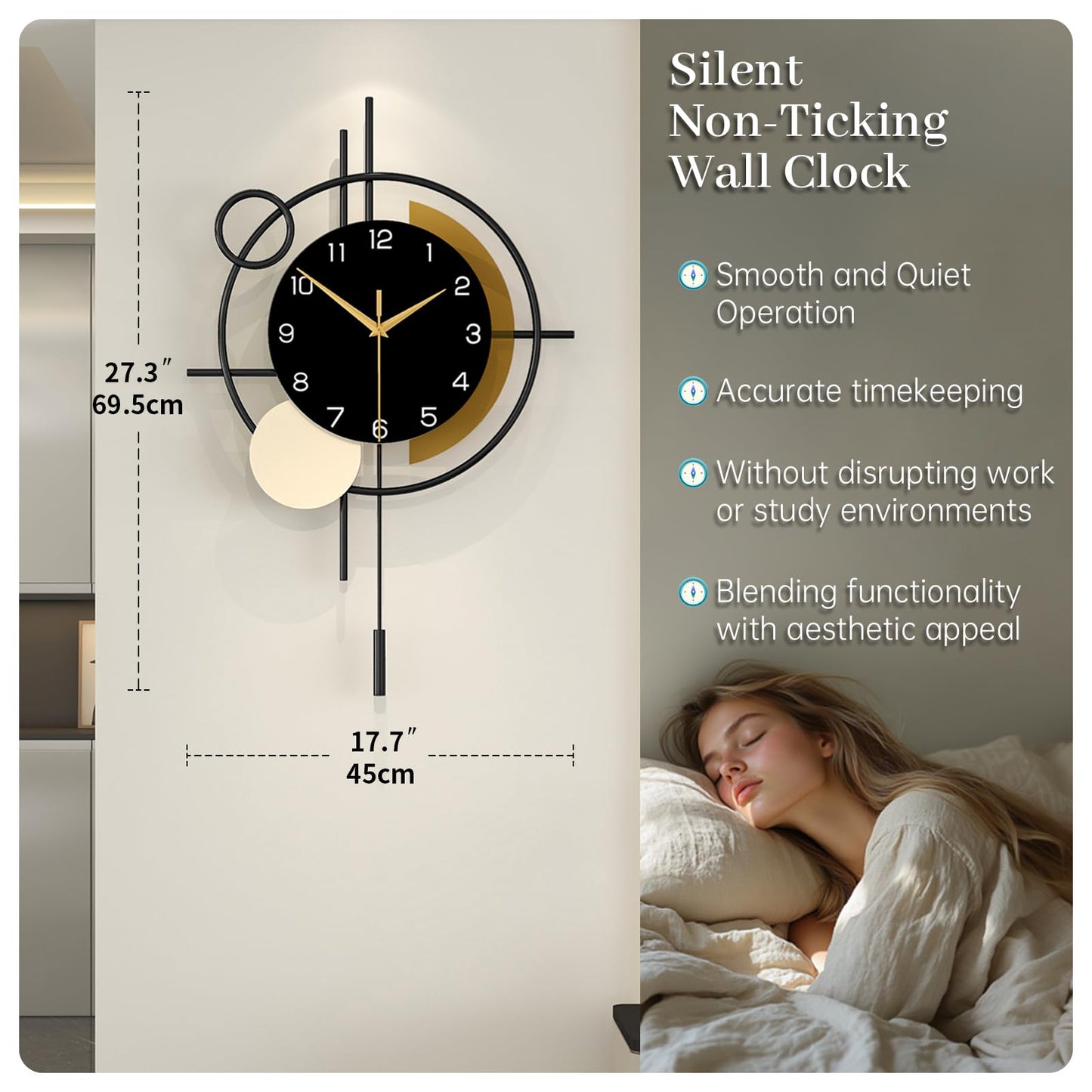 Wall Clock Decorative Large Modern Wall Clock Silent Non-Ticking Battery Operated Gold Unique Pendulum Clock for Living Room,Bedroom,Office,Kitchen,Bathroom,Wall Decor 13.8x21.9in