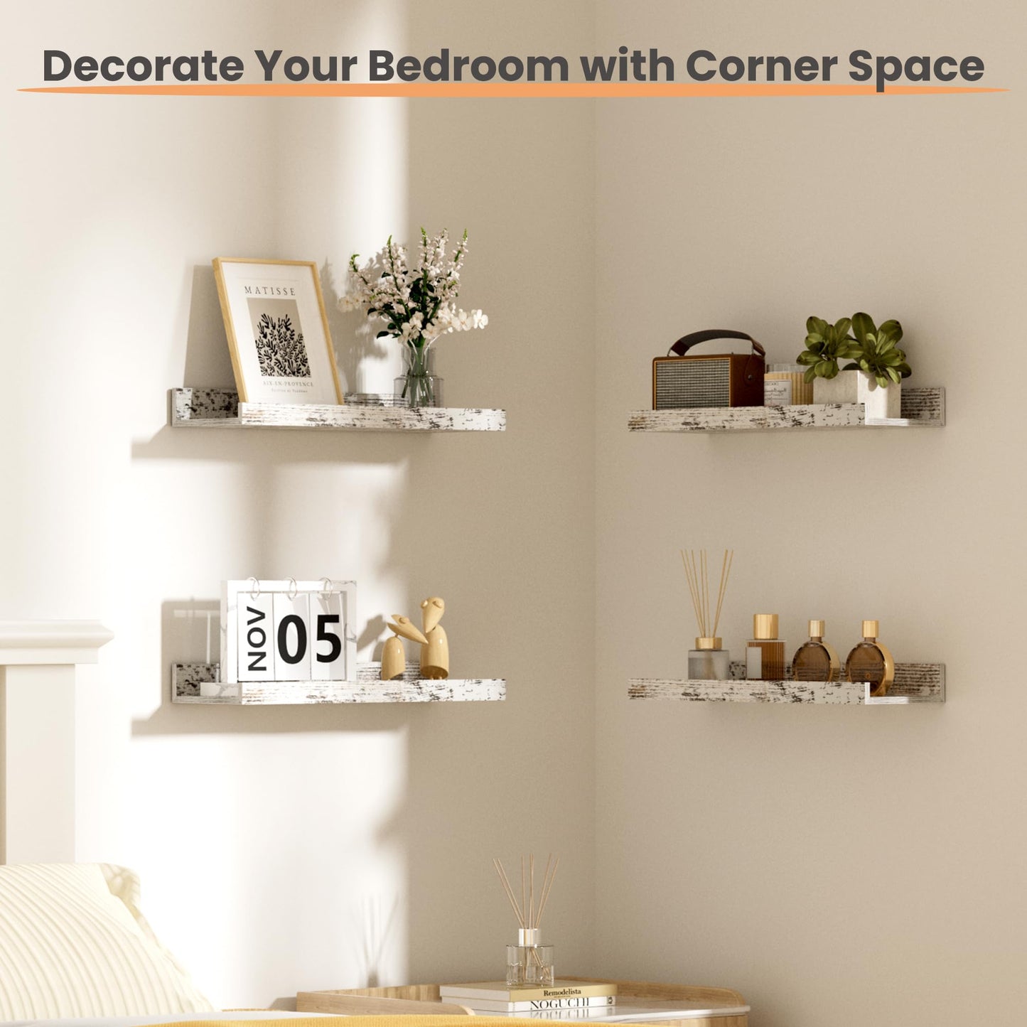 upsimples Floating Shelves for Wall, Wall Shelves for Decor Storage Set of 6, Wall Mounted Wood Shelf for Bedroom, Living Room, Bathroom, Kitchen, Picture Ledge Shelf, Black