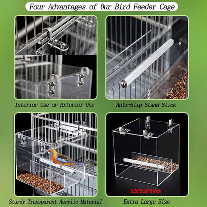 No Mess Bird Feeder for Cage, Automatic Acrylic Bird Feeder Seed Catcher Tray Cage with Stainless Steel Hooks for Small Parrots Canary Parakeet Budgerigar Crested Cockatiel Lovebird (Small)