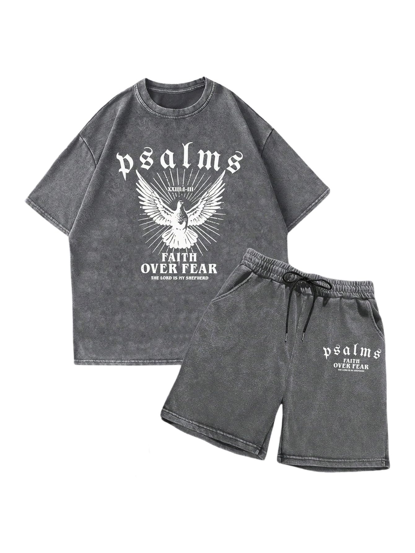 BEAUDRM Men's Y2k 2 Piece Vintage Outfits Punk Grunk Graphic Wash Short Sleeve T-Shirt and Drawstring Shorts Streetwear