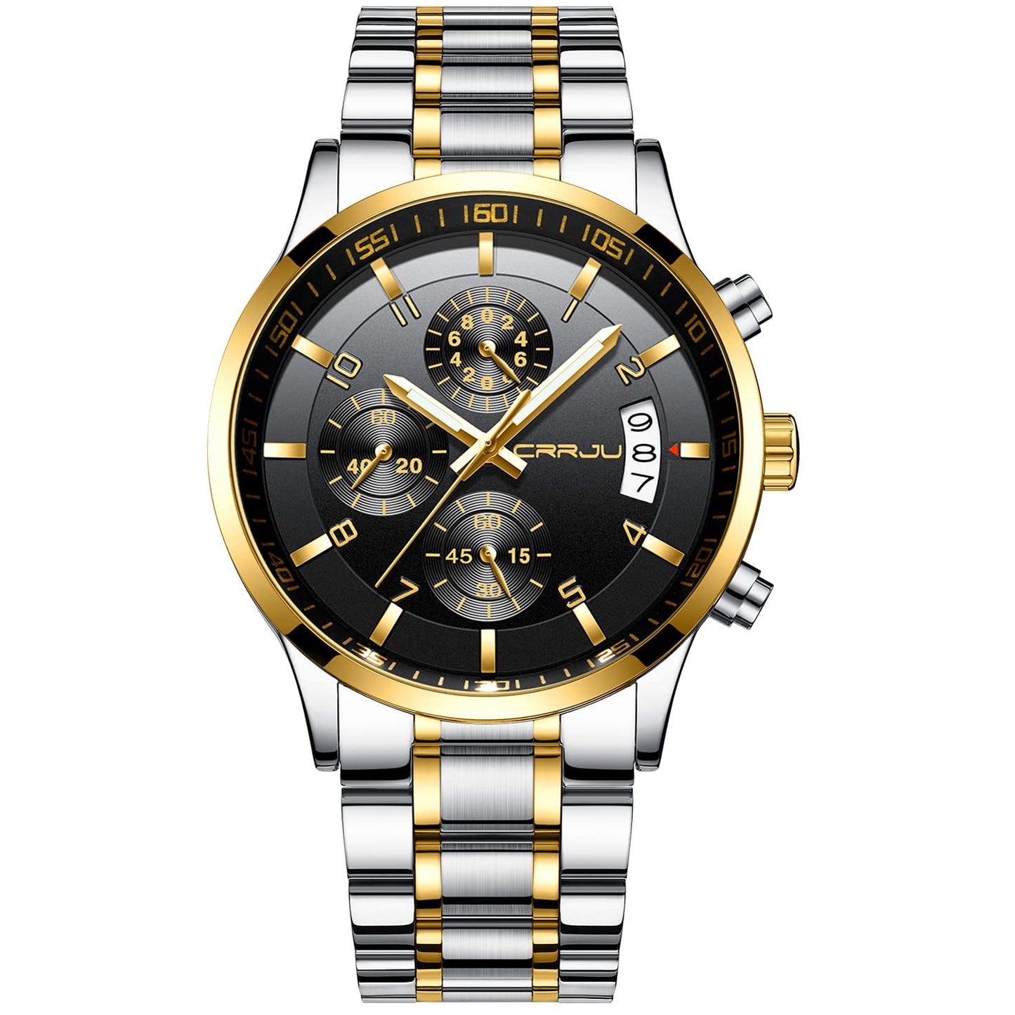 CRRJU Men's Fashion Stainless Steel Watches Date Waterproof Chronograph Wristwatches,Black Steel Band Waterproof Quartz Watch for Men