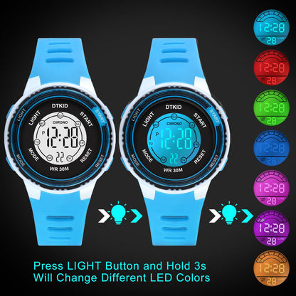 DTKID Digital Kids Watch 30 M Waterproof, 7 Color Lights Time Teaching Watch Easy to Read for Girls Boys 5-16