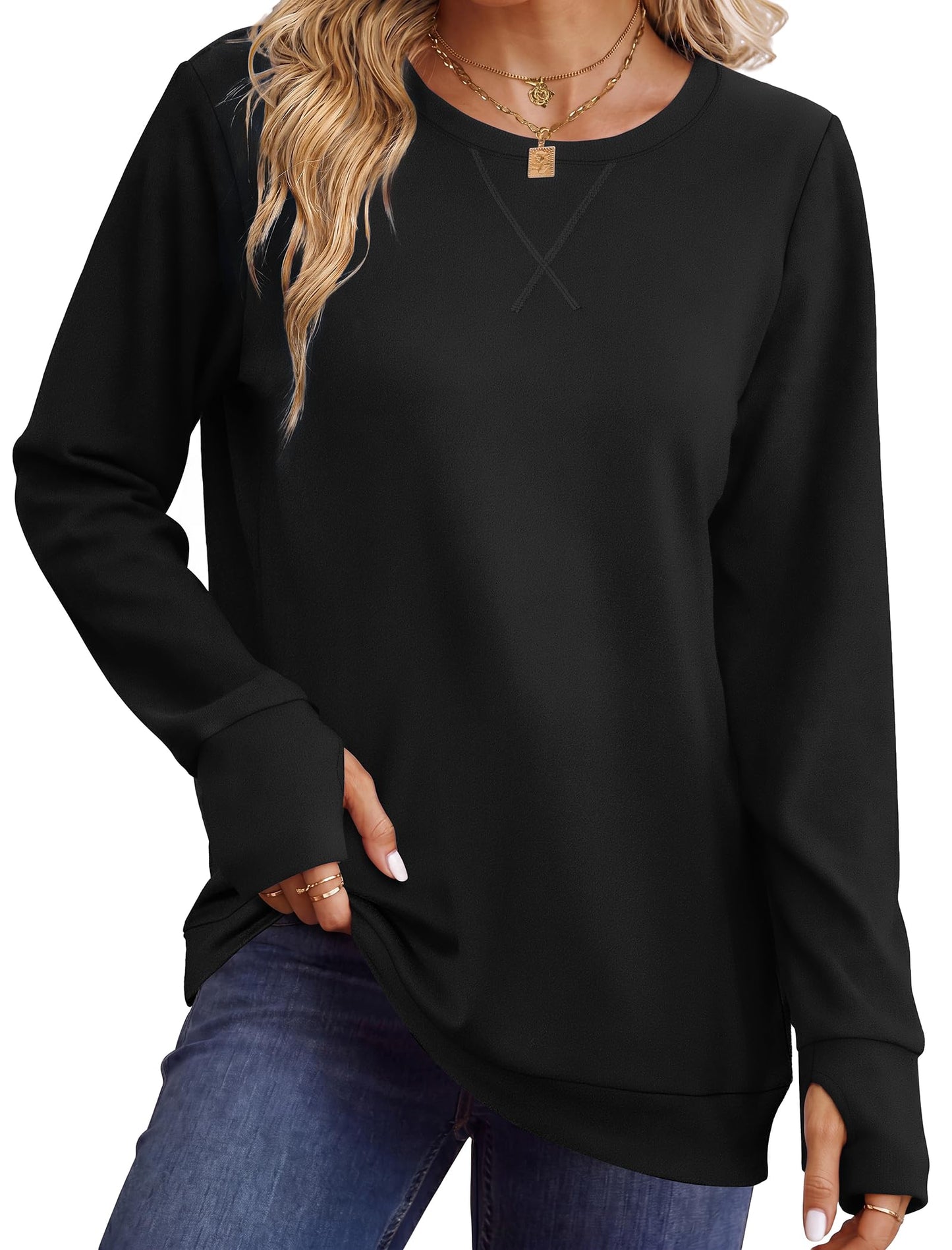 WIHOLL Womens Crewneck Sweatshirt Thumb Hole Long Sleeve Casual Fall Tops | Erly Fall Fashion, School Teacher Outfits, Long Sleeve Shirts, Winter Clothes, Pullover, Lightweight, Trendy