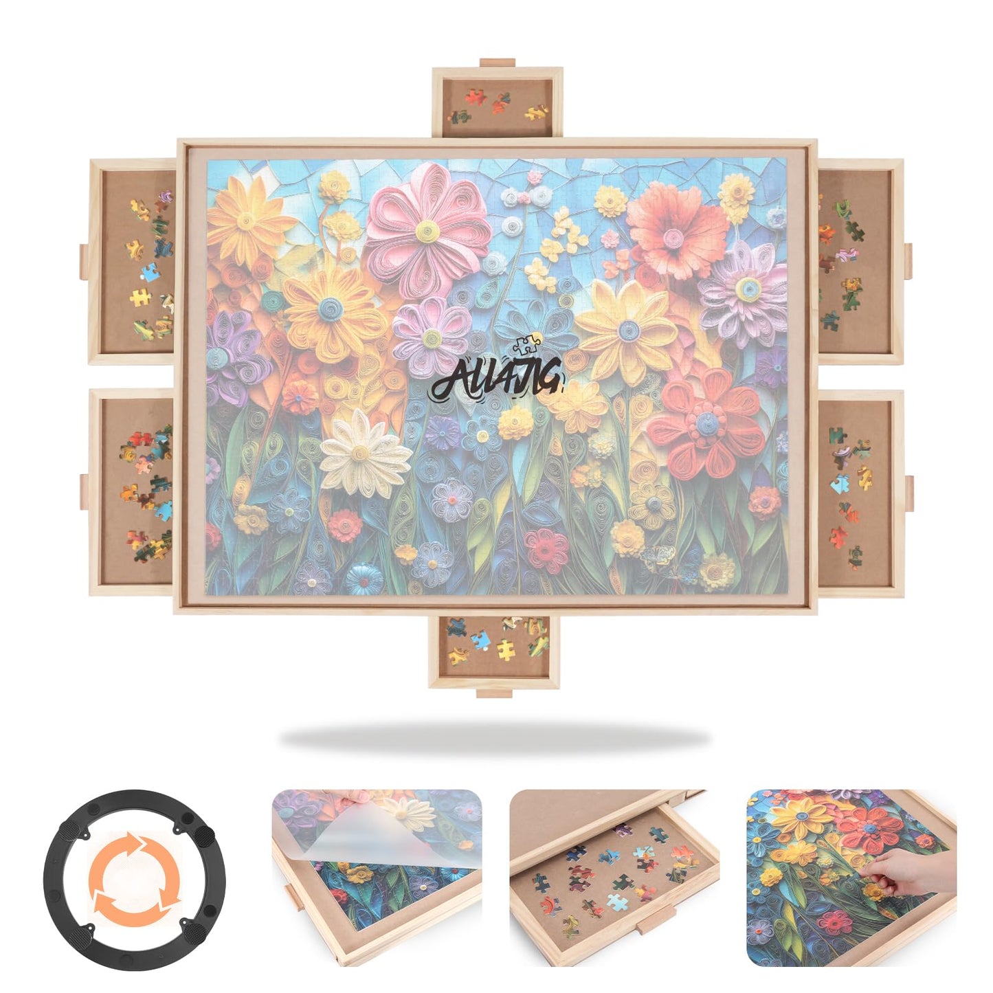ALL4JIG 1500 Piece Rotating Puzzle Board with 4 Drawer 24.92"x33.58"Portable Wooden Jigsaw Puzzle Table for Adults,Lazy Susan Spinning Puzzle Boards Birthday Gift for mom,Surface for Lego Building