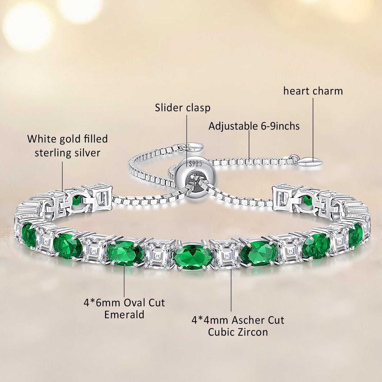 Sterling Silver Birthstone Bracelets for Women White Gold Tennis Bracelets Adjustable Chain 6-9 Inchs Jewelry Hypoallergenic Anniversary Birthday Gifts for Women Mom Wife Her