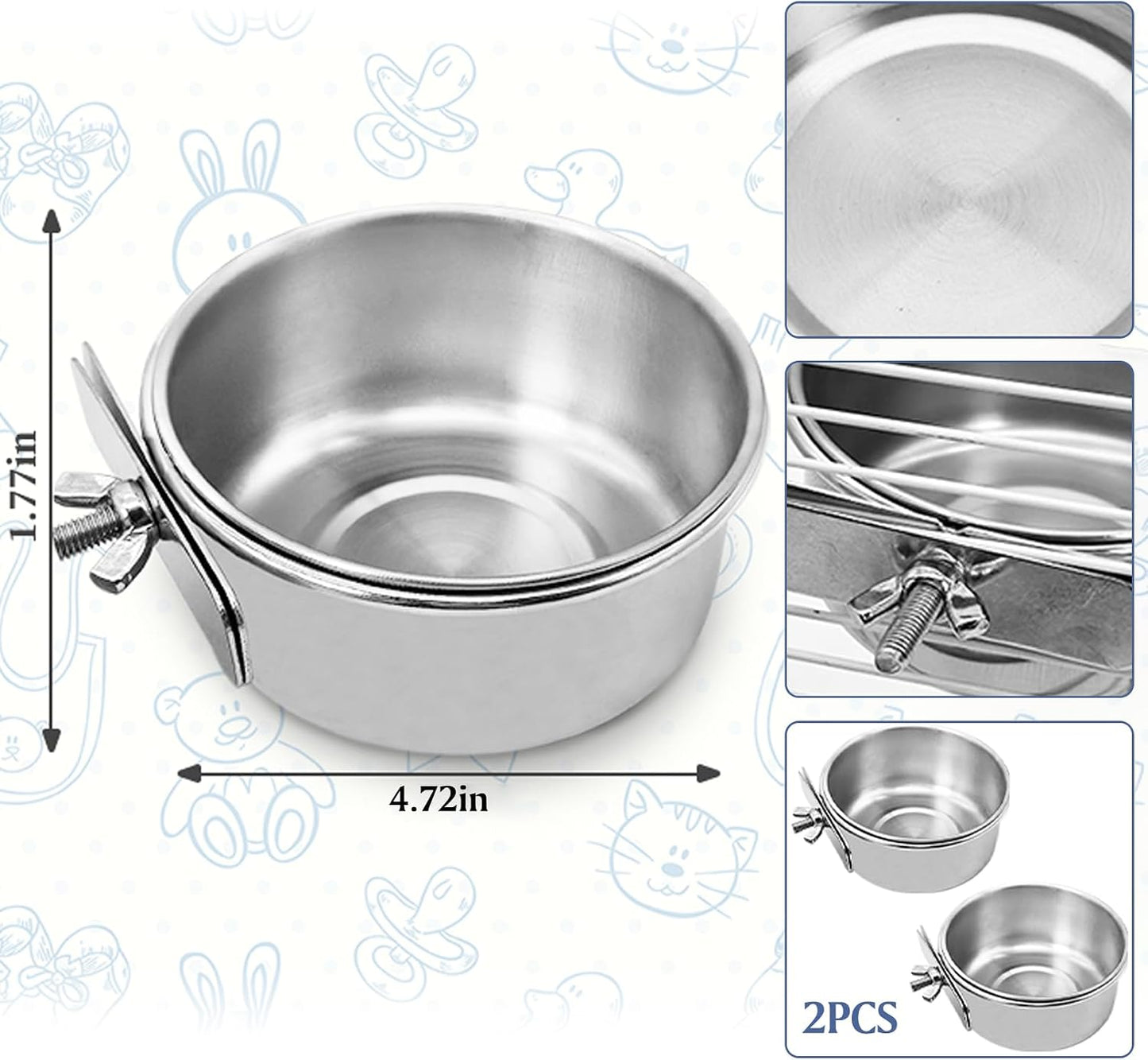 PINVNBY Parrot Feeding Cups Birds Food Dish Stainless Steel Parrot Feeders Water Cage Bowls with Clamp Holder for Cockatiel Conure Budgies Parakeet Parrot Macaw Small Animal Chinchilla Pack of 2