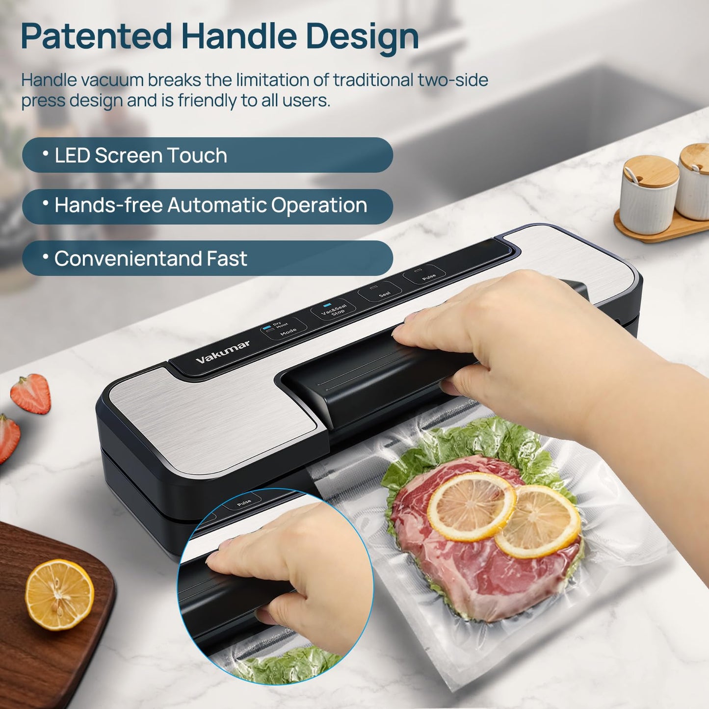 Vakumar Vacuum Sealer Machine, 90Kpa Liquid Food Vacuum Sealer Machine Preservation Dry/Moist/Liquid Modes, LED Indicator Light, Handle Locked Design, Built-in Cutter and Bag Storage, Starter Kit