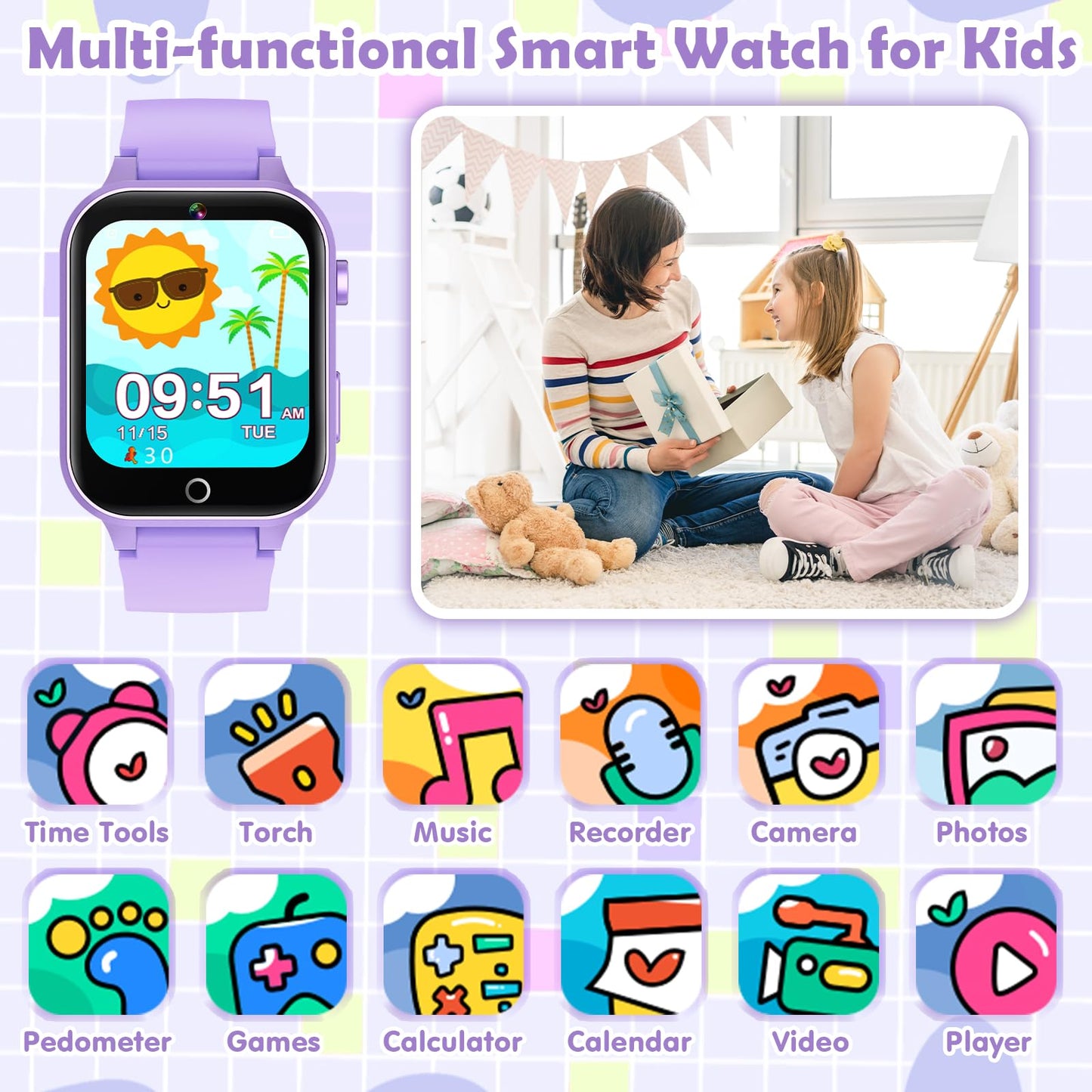 Luyiilo Smart Watch for Kids, with 26 Puzzle Games, Touch Screen, HD Camera, Alarm Clock, Toys for Ages 4-12 Years Old.Birthday Gift for Boys Girls (Blue)