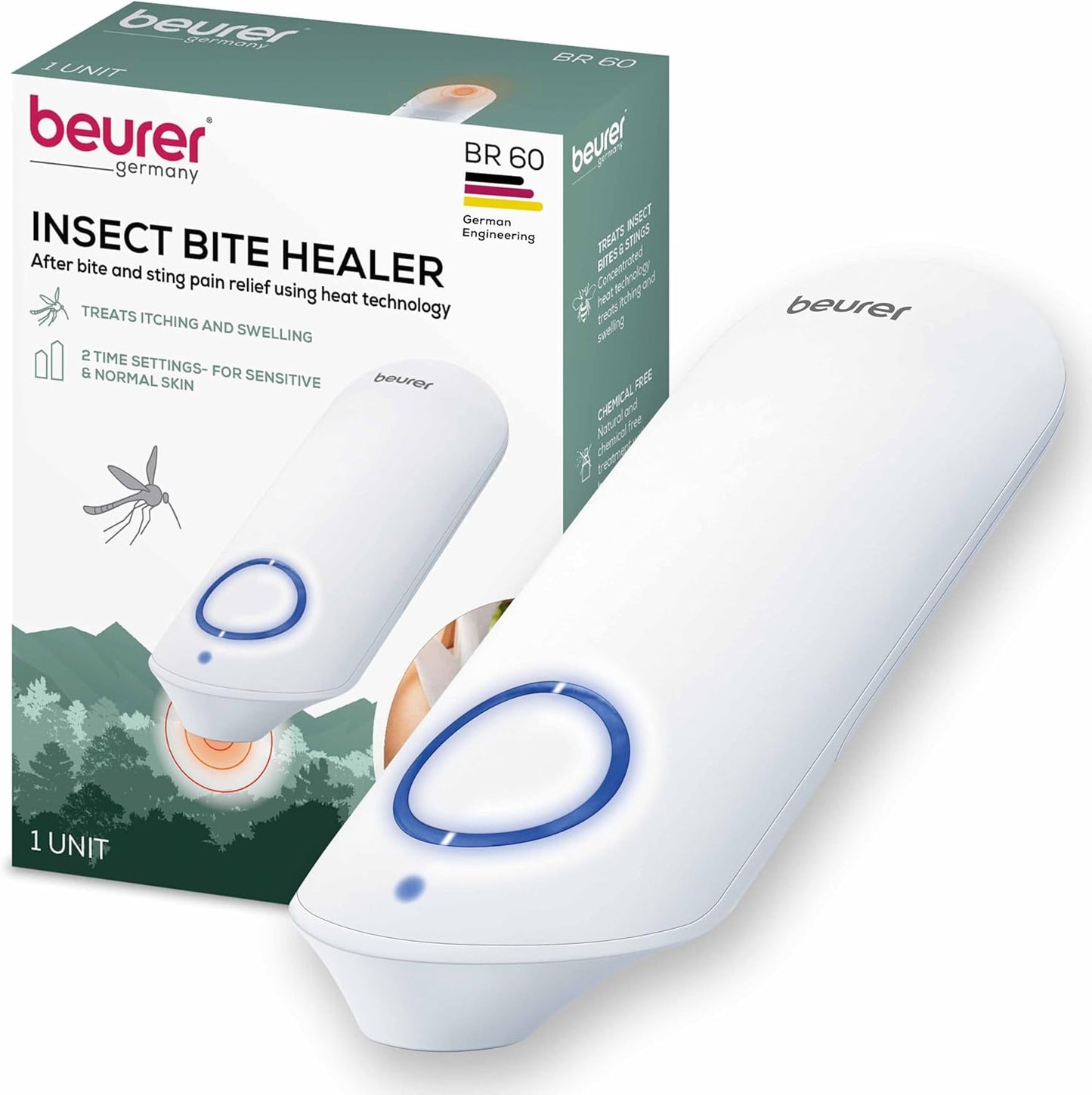 Beurer BR60 Insect Sting and Bite Relief, Bug Bite Healer for Chemical-Free Treatment of Insect Bites and Stings, Non-Toxic Natural Relief from Itching and Swelling, for Mosquito Bites