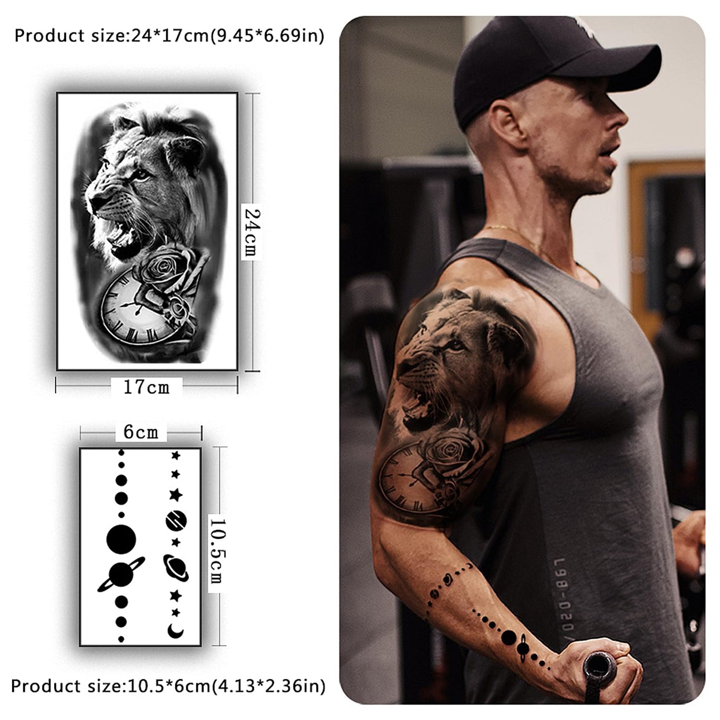 Yazhiji 36 Sheets Temporary Tattoos Stickers, 12 Sheets Fake Body Arm Chest Shoulder Tattoos for Men or Women with 24 PCS Tiny Black Tattoos