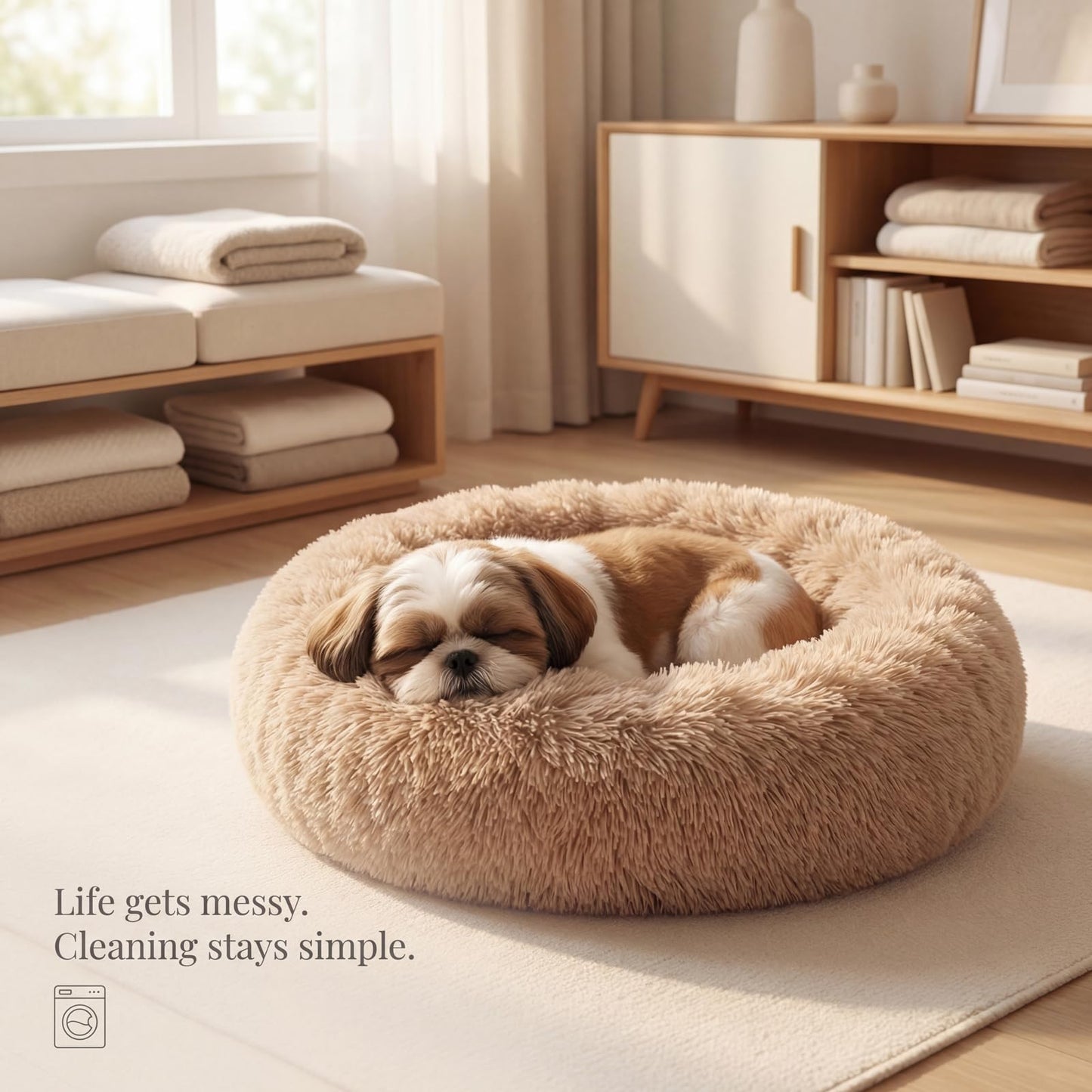Small Calming Dogs Bed for Small Dogs Anti-Anxiety Machine Washable Fluffy Luxury Anti-Slip Waterproof Mute Base Warming Cozy Soft Pet Puppy Round Bed